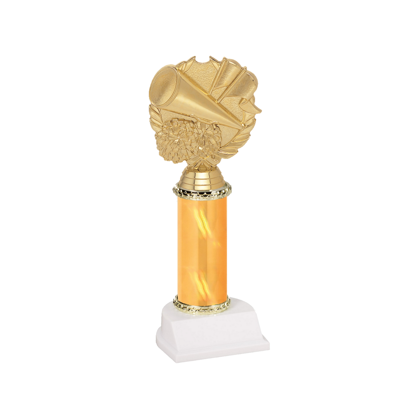 Champion Series Cheerleading Trophy - Megaphone & Wreath, gold megaphone and pom-poms in a laurel wreath on a gold column with white base