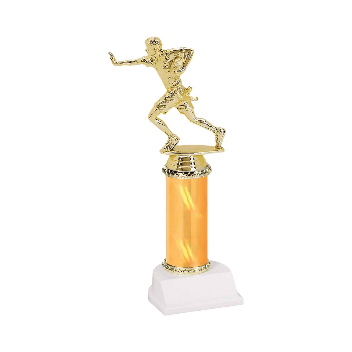 Champion Series Flag Football Trophy, flag football player running with the ball and a flag belt on a gold column with white base