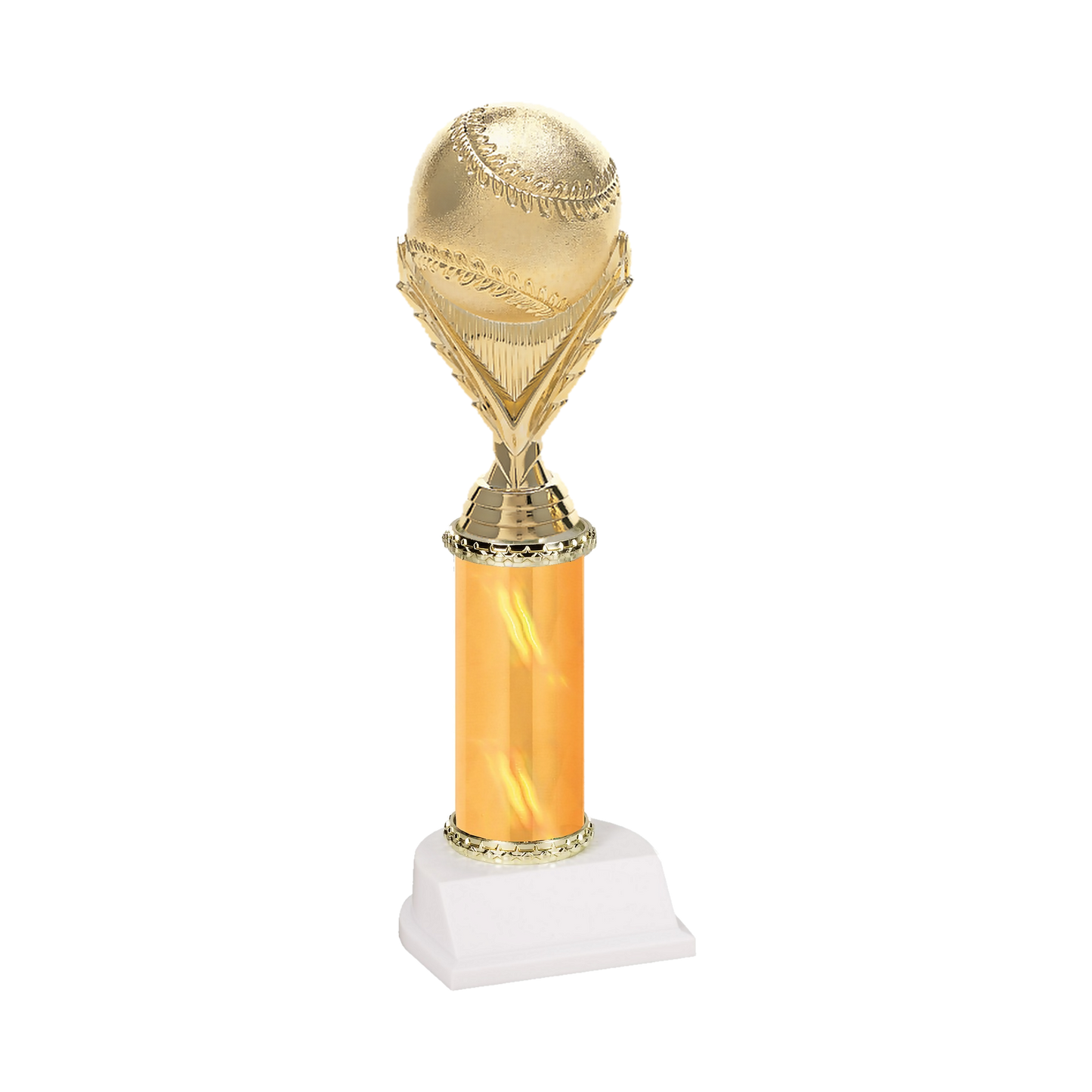 Champion Series Baseball Trophy - Baseball & Wreath, gold baseball resting on a laurel wreath riser on a gold column with white base