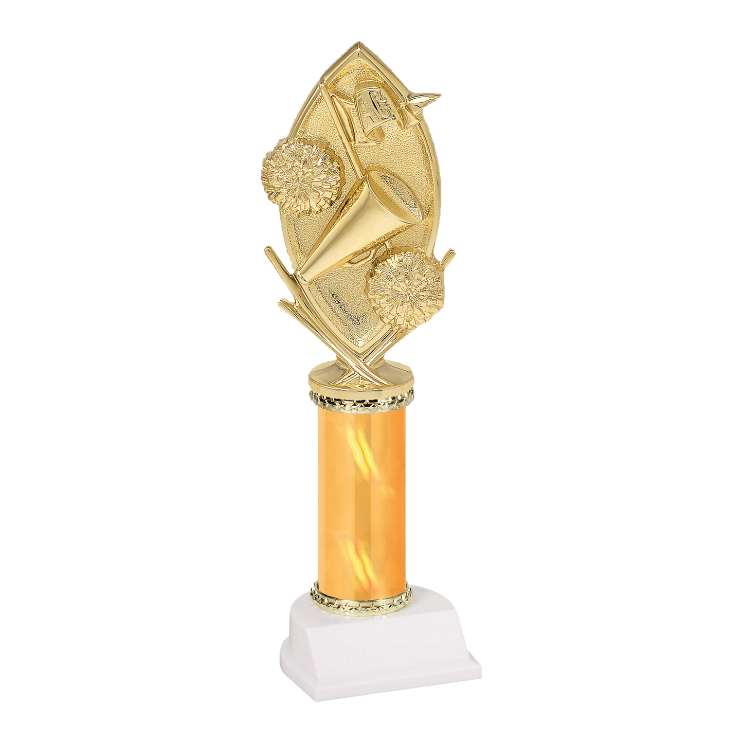 Champion Series Cheerleading Trophy - Megaphone & Pom-Poms, gold megaphone with two pom-poms and crossed batons on a gold column with white base