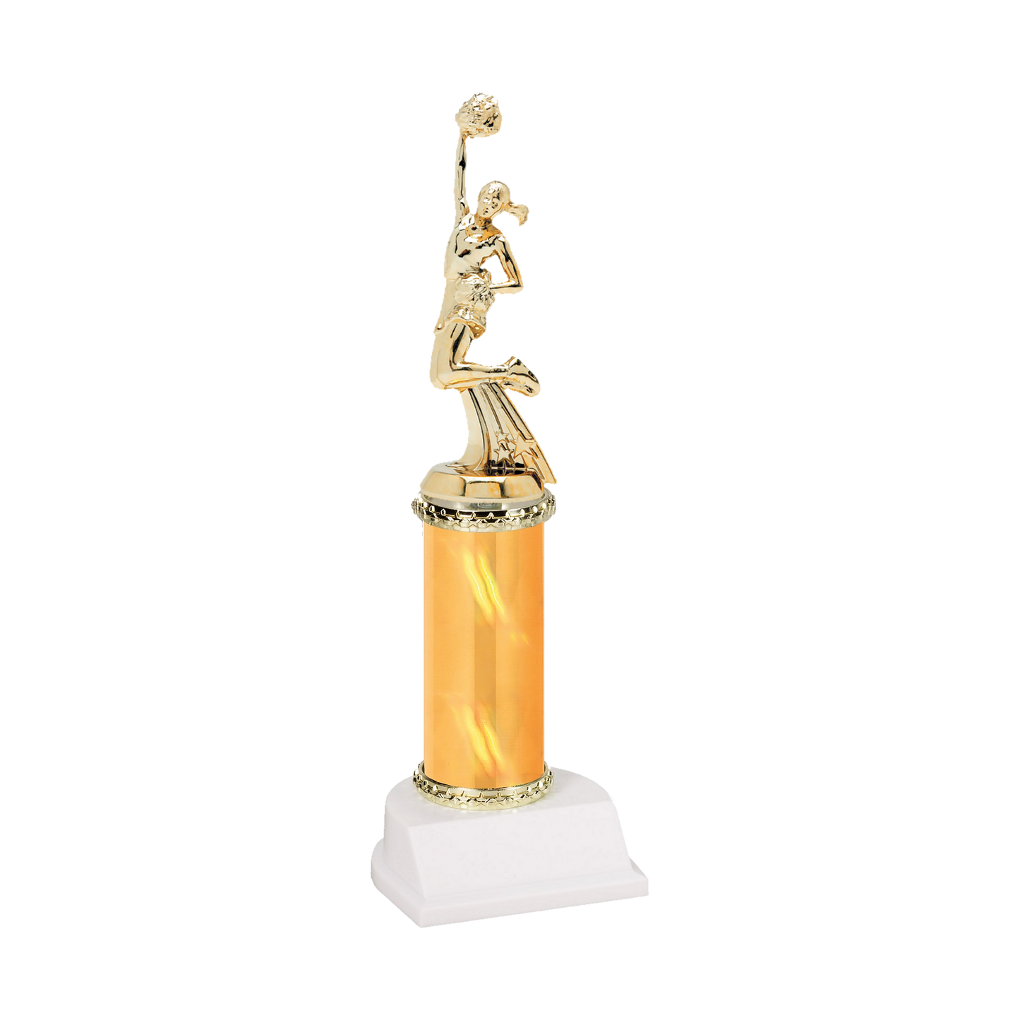 Champion Series Cheerleading Trophy, cheerleader with a pom-pom raised overhead on a gold column with white base