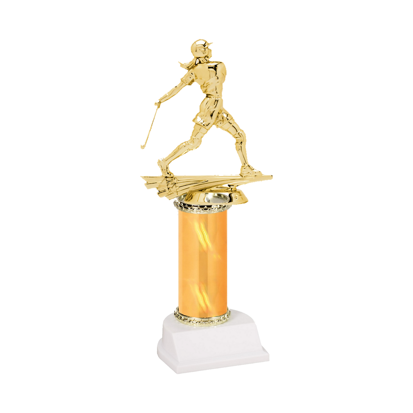 Champion Series Softball Trophy - Batter, softball batter in a helmet finishing her swing on a gold column with white base