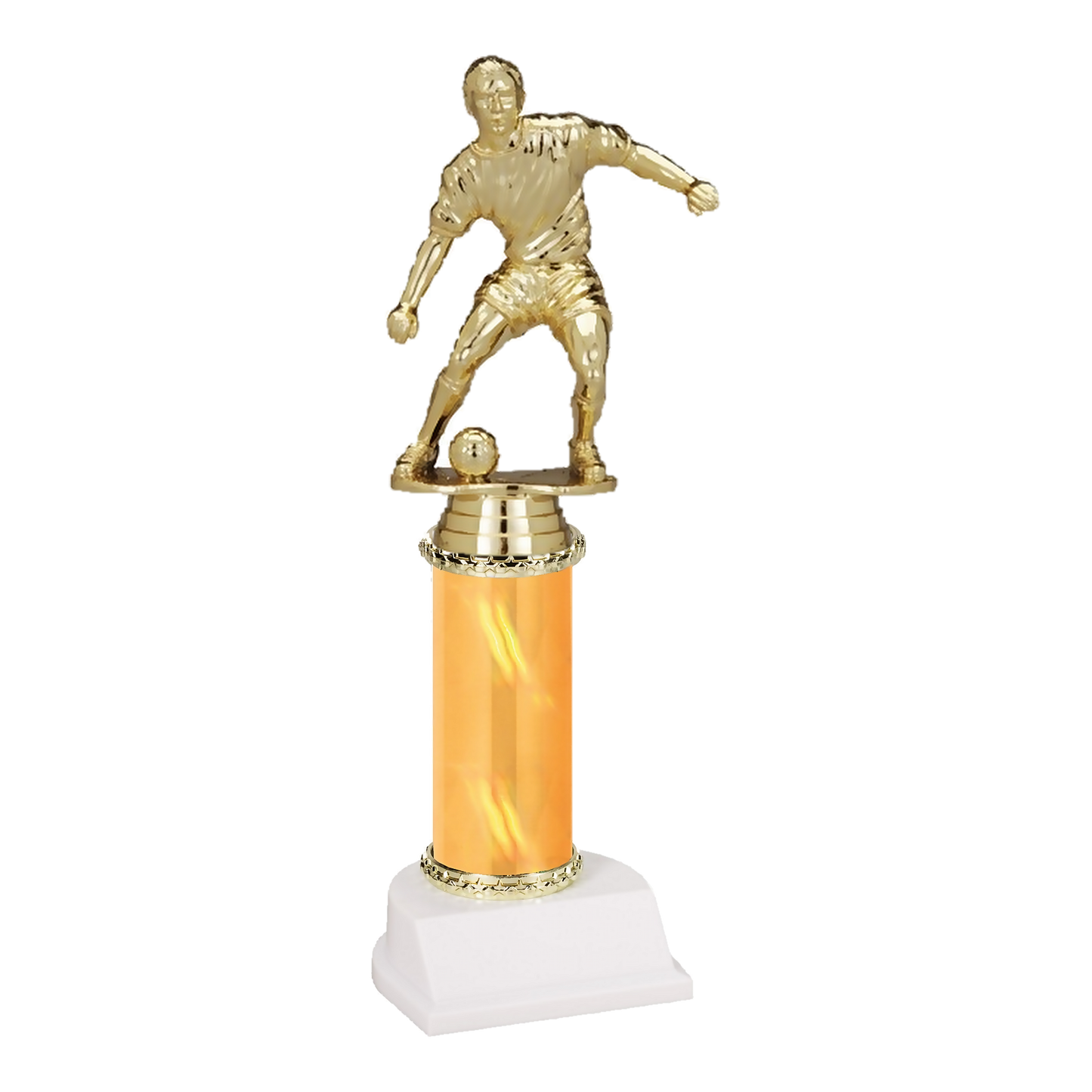 11 inch Champion Series soccer trophy, male figure on gold column with white base