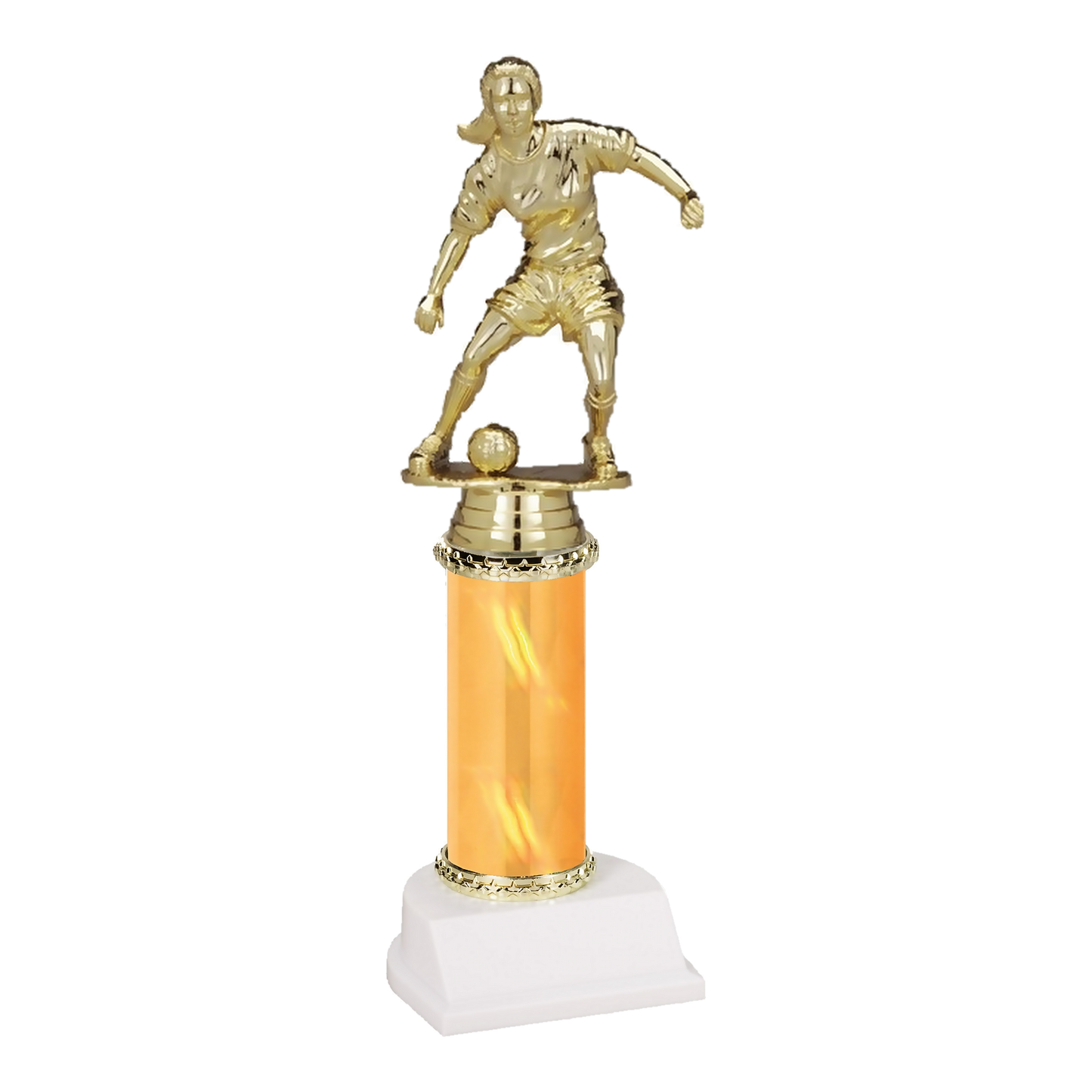 11 inch Champion Series soccer trophy, female figure on gold column with white base