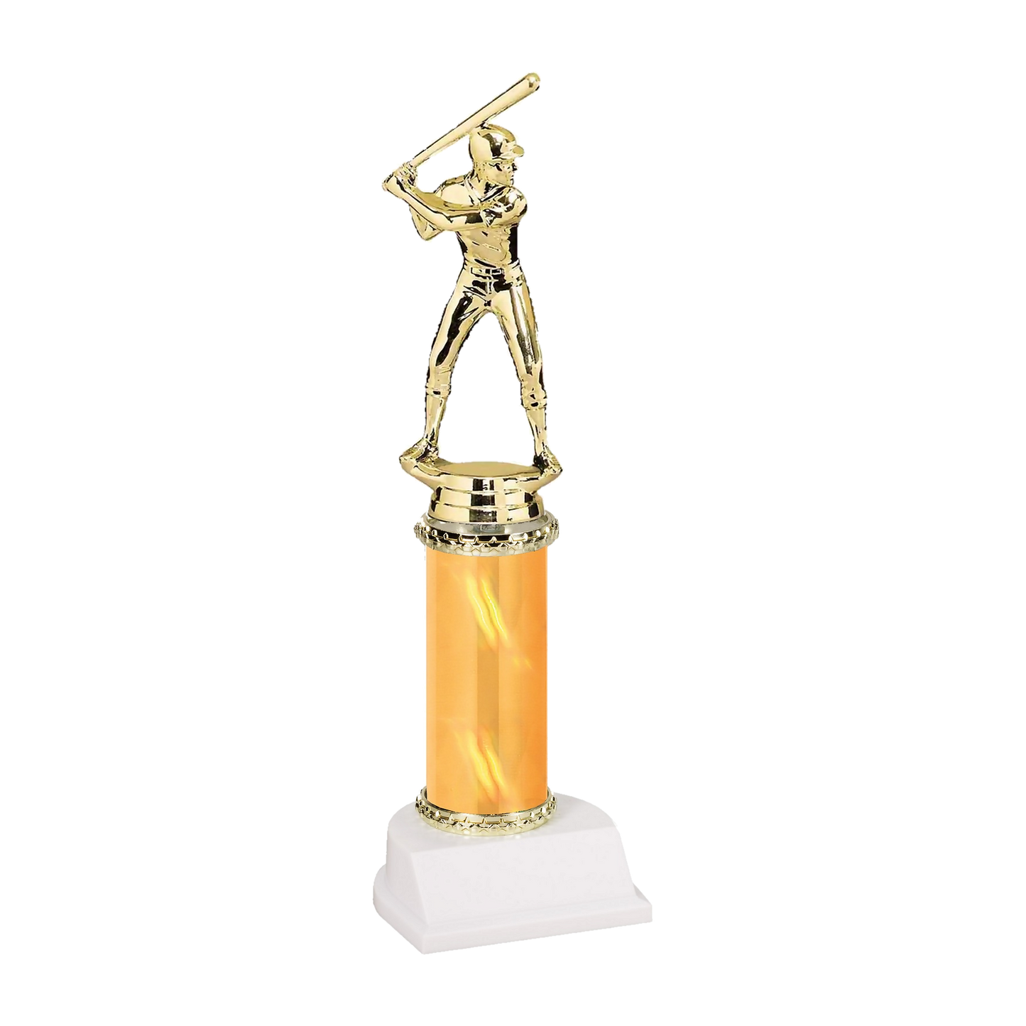 Champion Series Baseball Trophy - Power Hitter, baseball player in a batting helmet with the bat cocked back on a gold column with white base