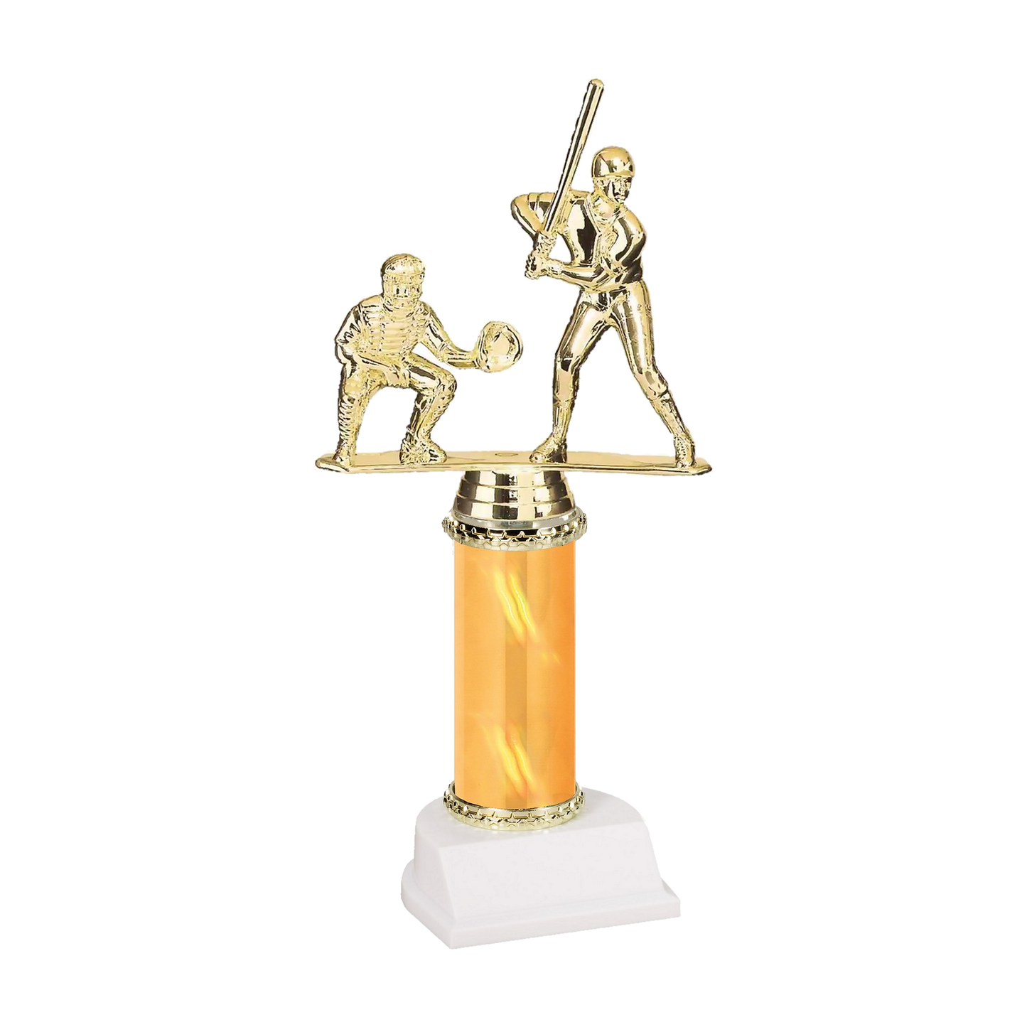 Champion Series Baseball Trophy - Batter & Catcher, baseball batter at the plate with a crouching catcher on a gold column with white base