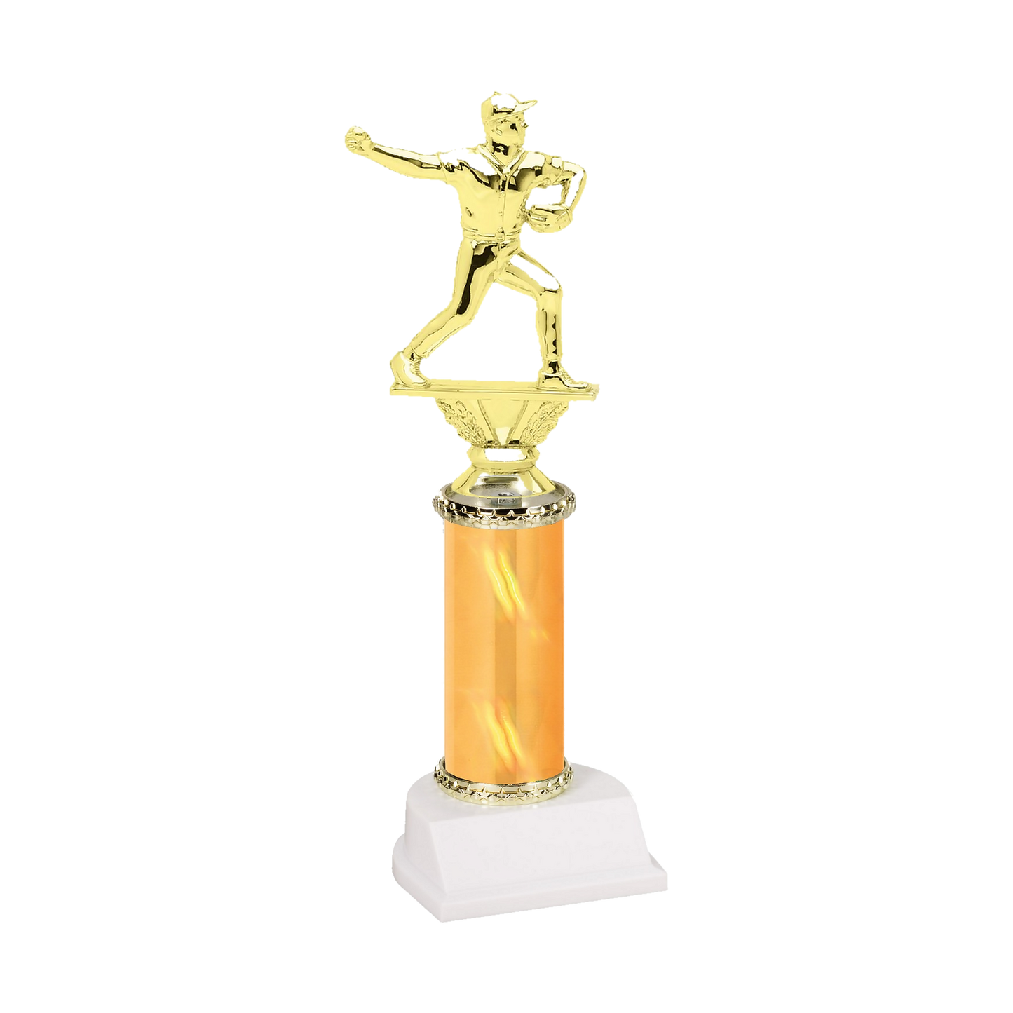 Champion Series Baseball Trophy - Pitcher, baseball pitcher winding up to deliver the pitch on a gold column with white base