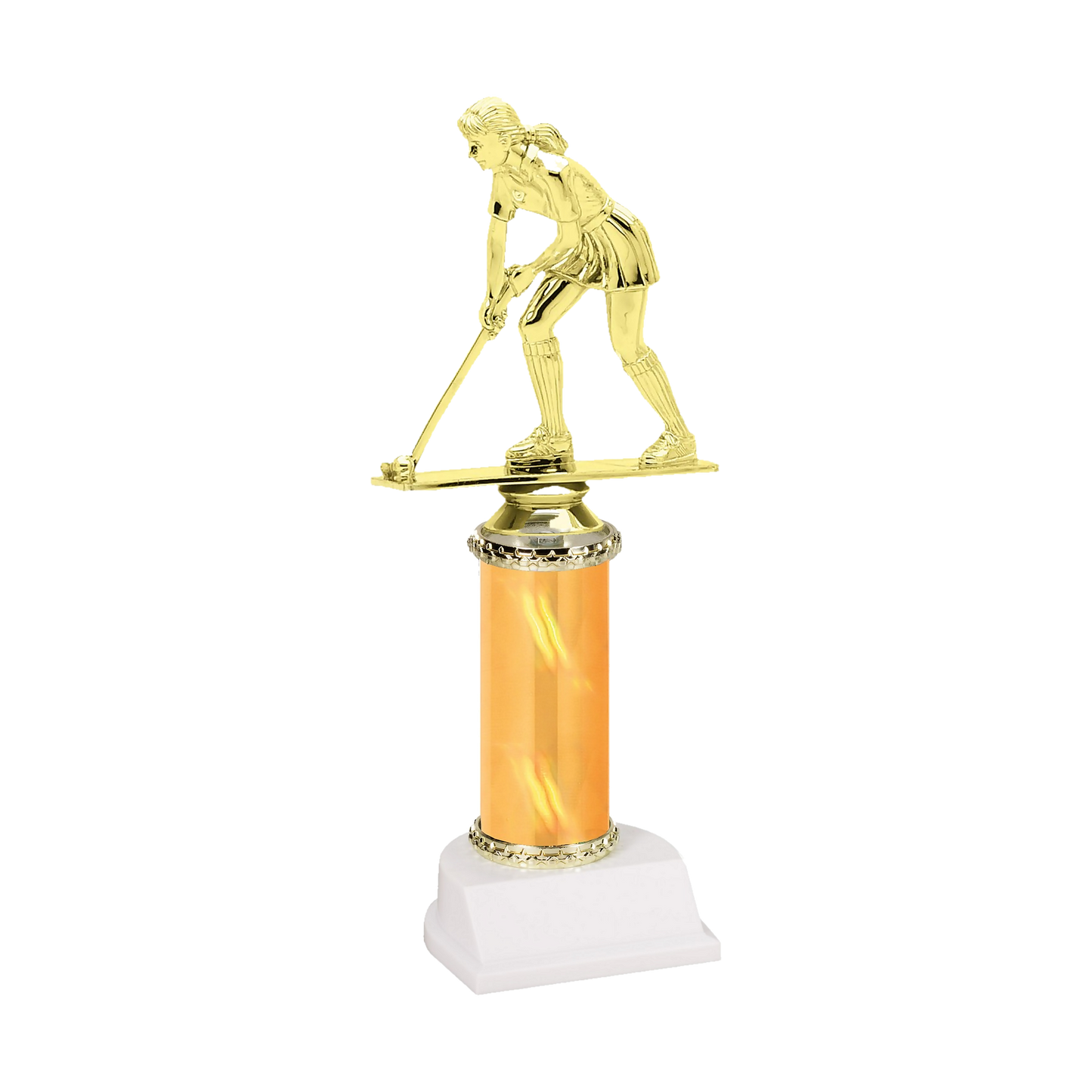 Champion Series Field Hockey Trophy, field hockey player driving the ball with her stick down on a gold column with white base