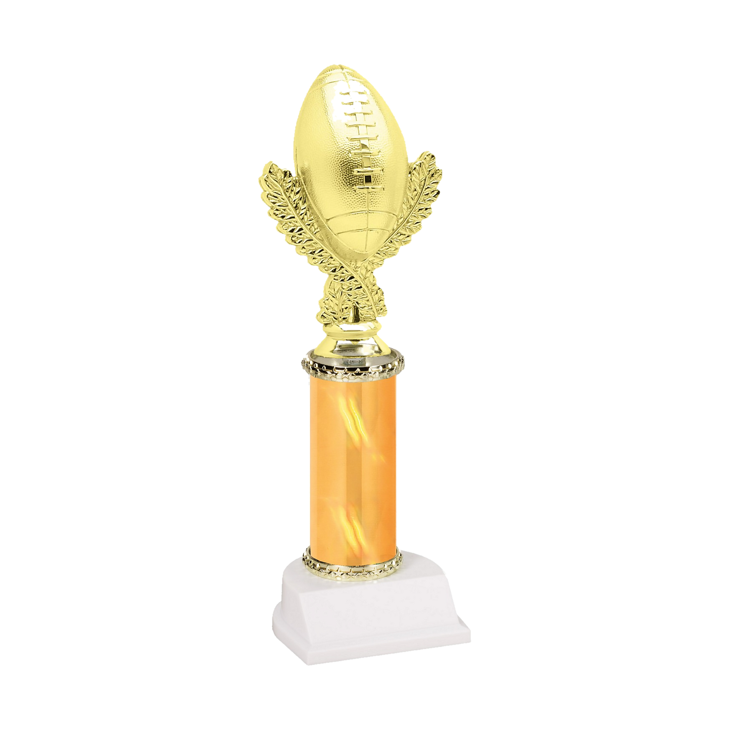 Champion Series Football Trophy - Football & Wreath, gold football standing upright on a laurel wreath riser on a gold column with white base