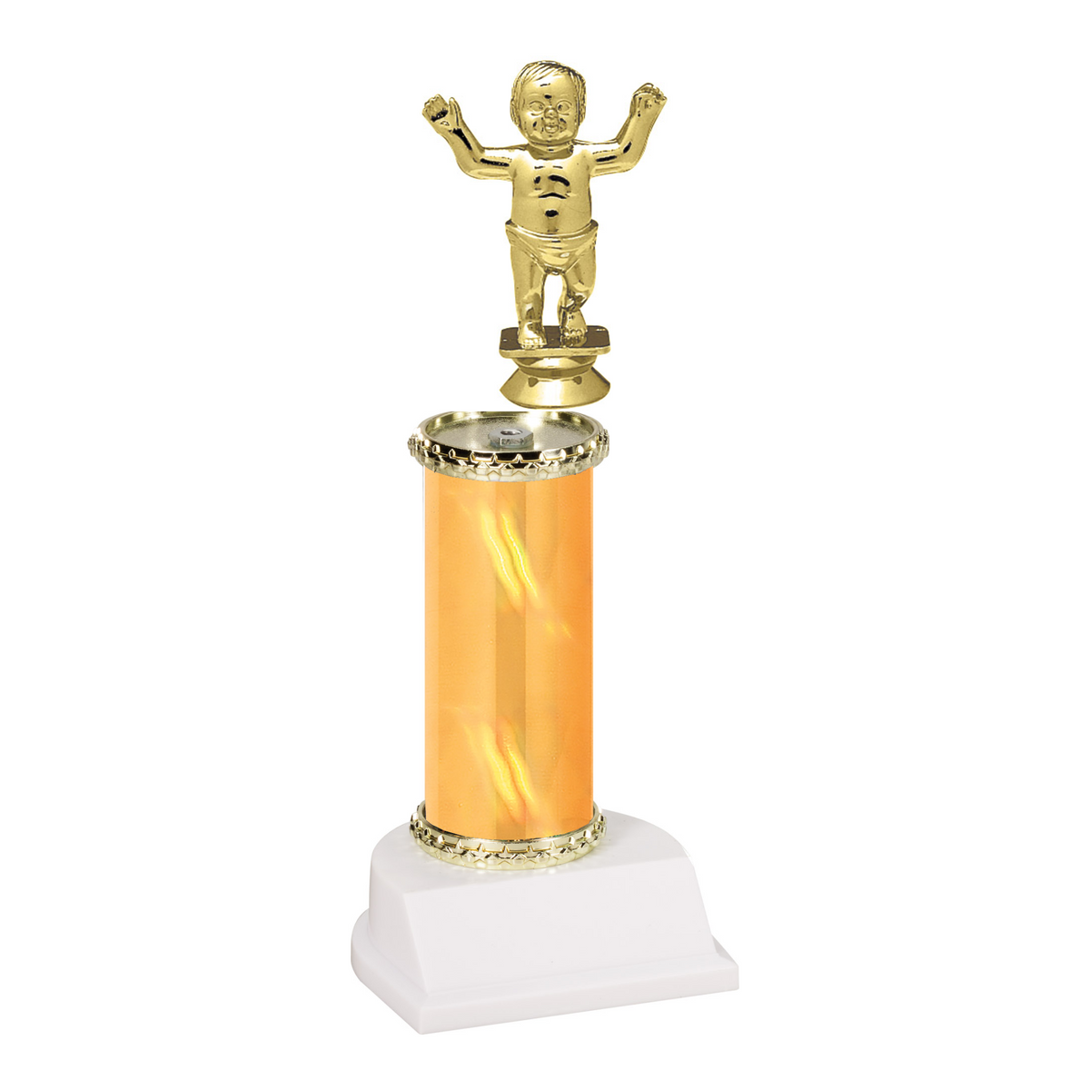 Champion Series Rookie Baby Trophy, gold walking baby figure on a gold column with white base