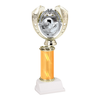 Champion Series Football Trophy - Star Wreath, gold star wreath with silver helmet and footballs on a gold column with white base