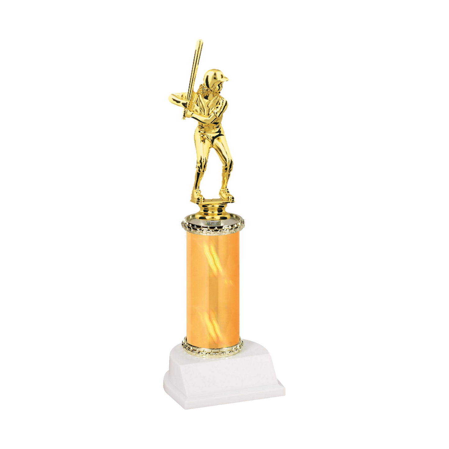 Champion Series Softball Trophy - Slugger, softball batter in a helmet with the bat up on her shoulder on a gold column with white base