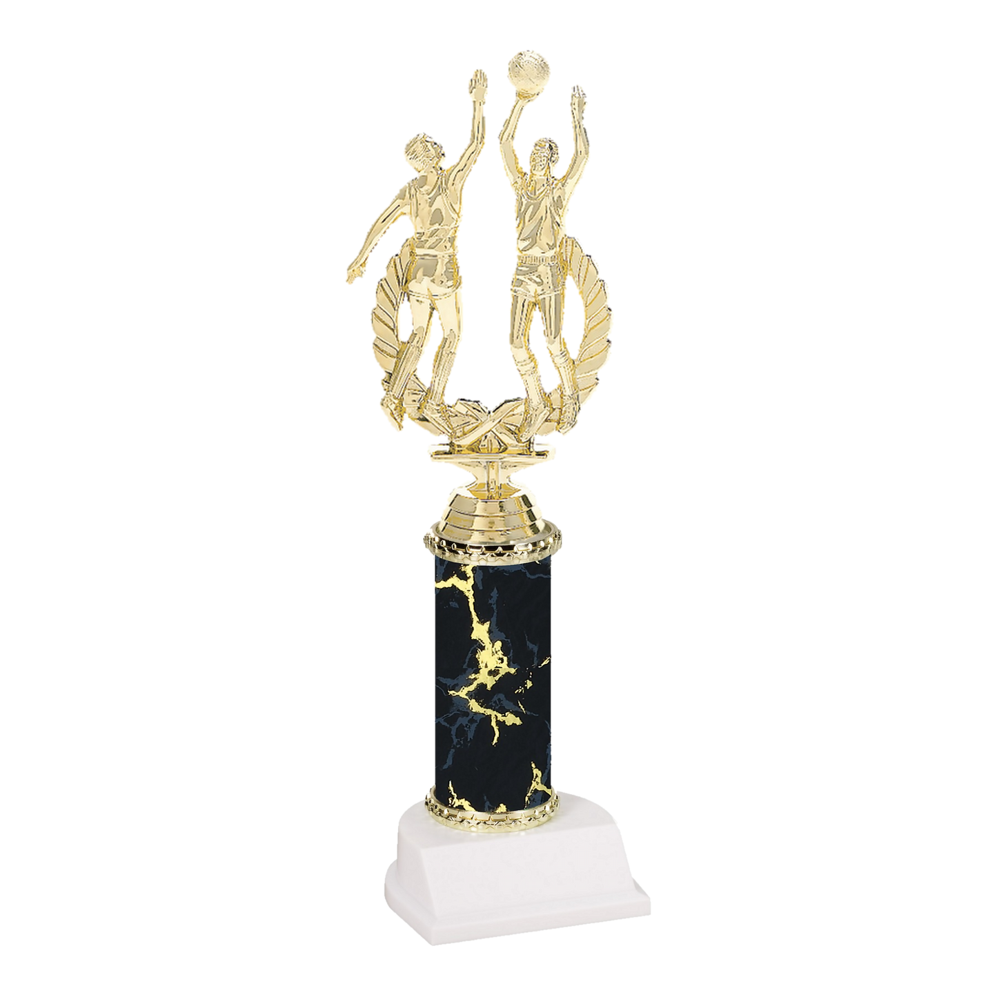 Champion Series Basketball Trophy - Rebound, male basketball players going up for the rebound on a black marble column with white base