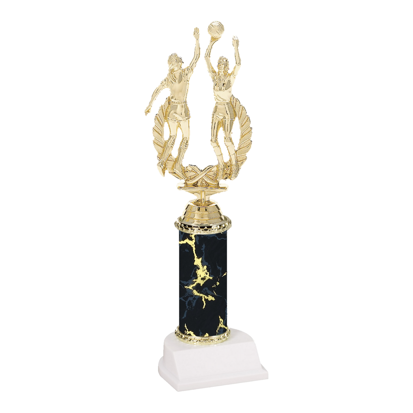Champion Series Basketball Trophy - Rebound, female basketball players going up for the rebound on a black marble column with white base