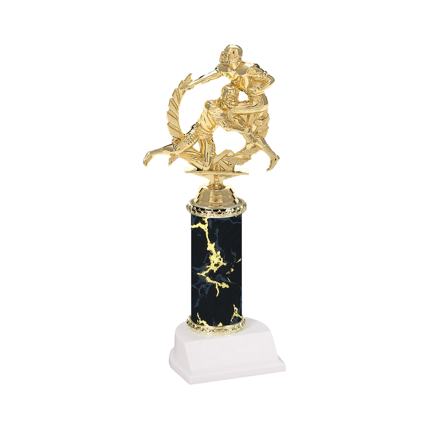 Champion Series Football Trophy - Tackle, football ball carrier meeting a tackler in a laurel wreath on a black marble column with white base