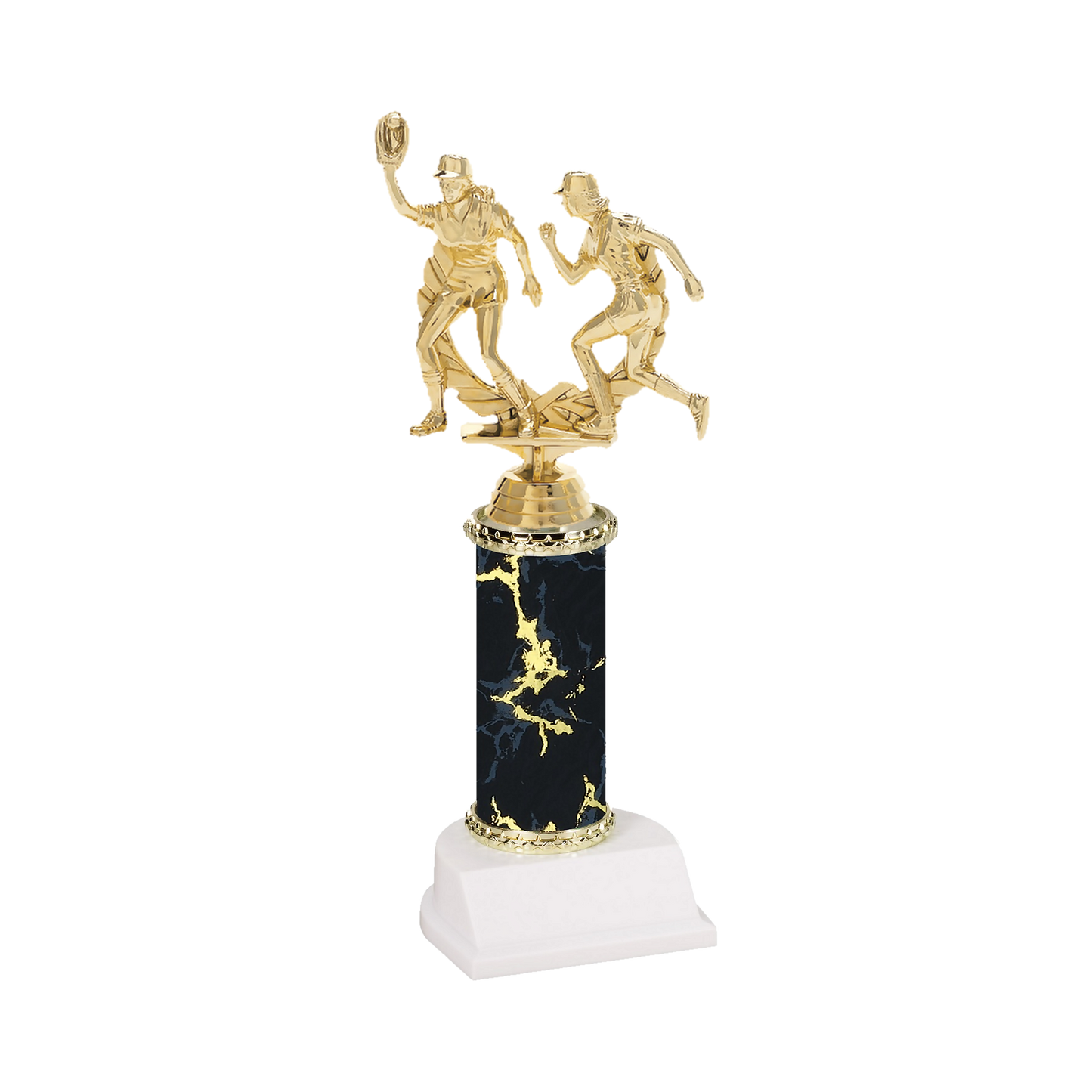 Champion Series Softball Trophy - Double Play, softball fielder making the catch beside a base runner in a laurel wreath on a black marble column with white base