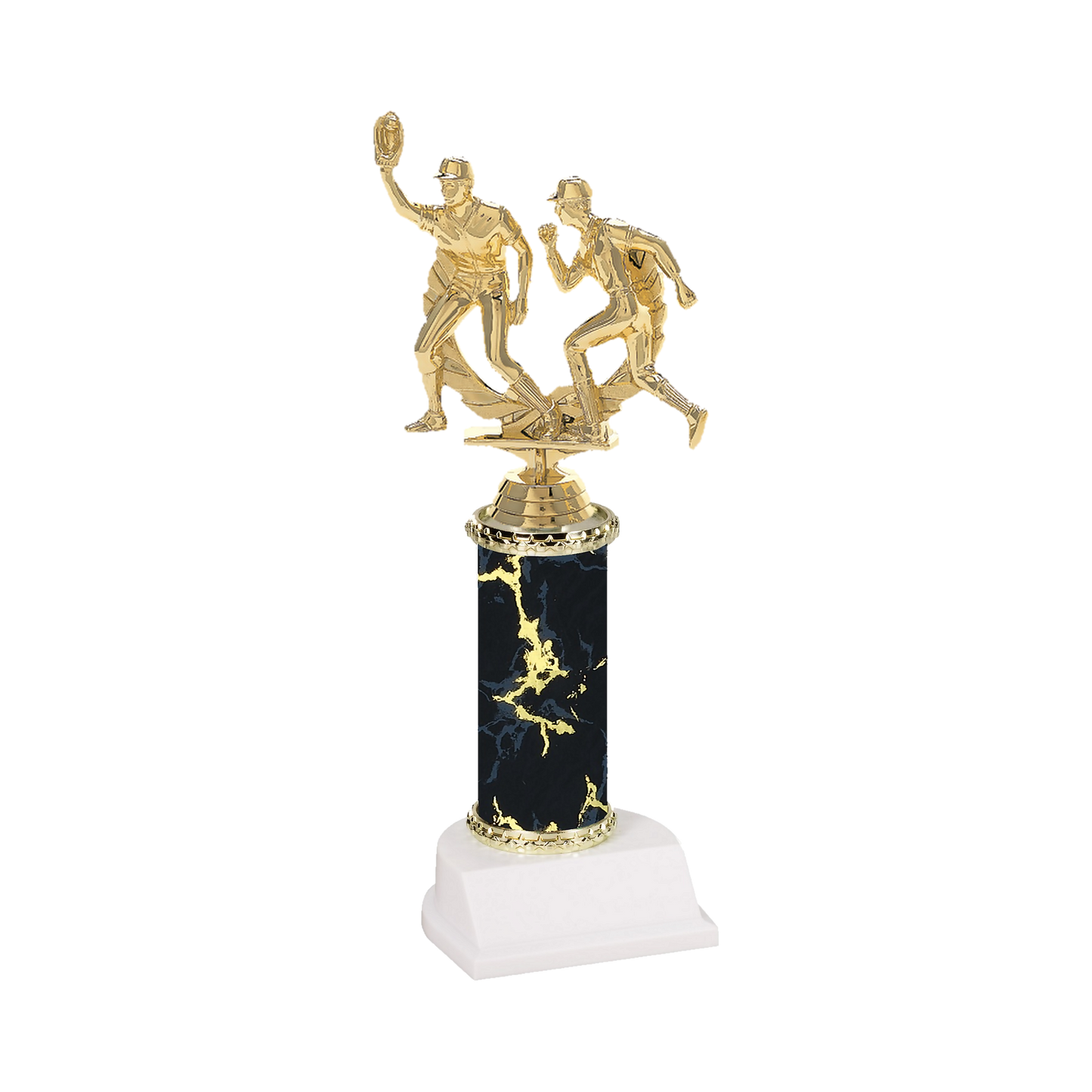 Champion Series Baseball Trophy - Double Play, baseball fielder making the catch beside a base runner in a laurel wreath on a black marble column with white base