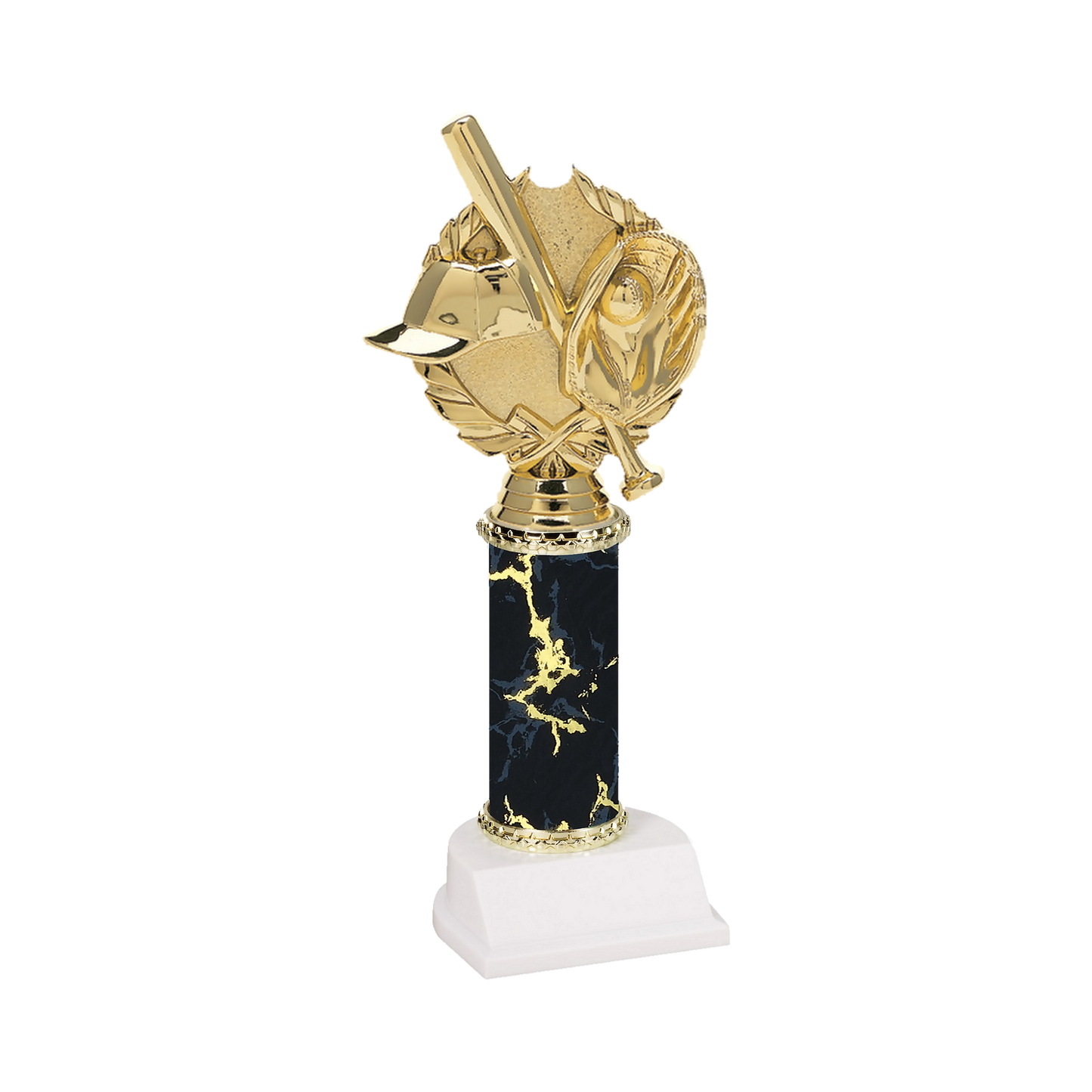 Champion Series Baseball Trophy - Crossed Bats, gold baseball cap, crossed bats, ball and glove in a laurel wreath on a black marble column with white base