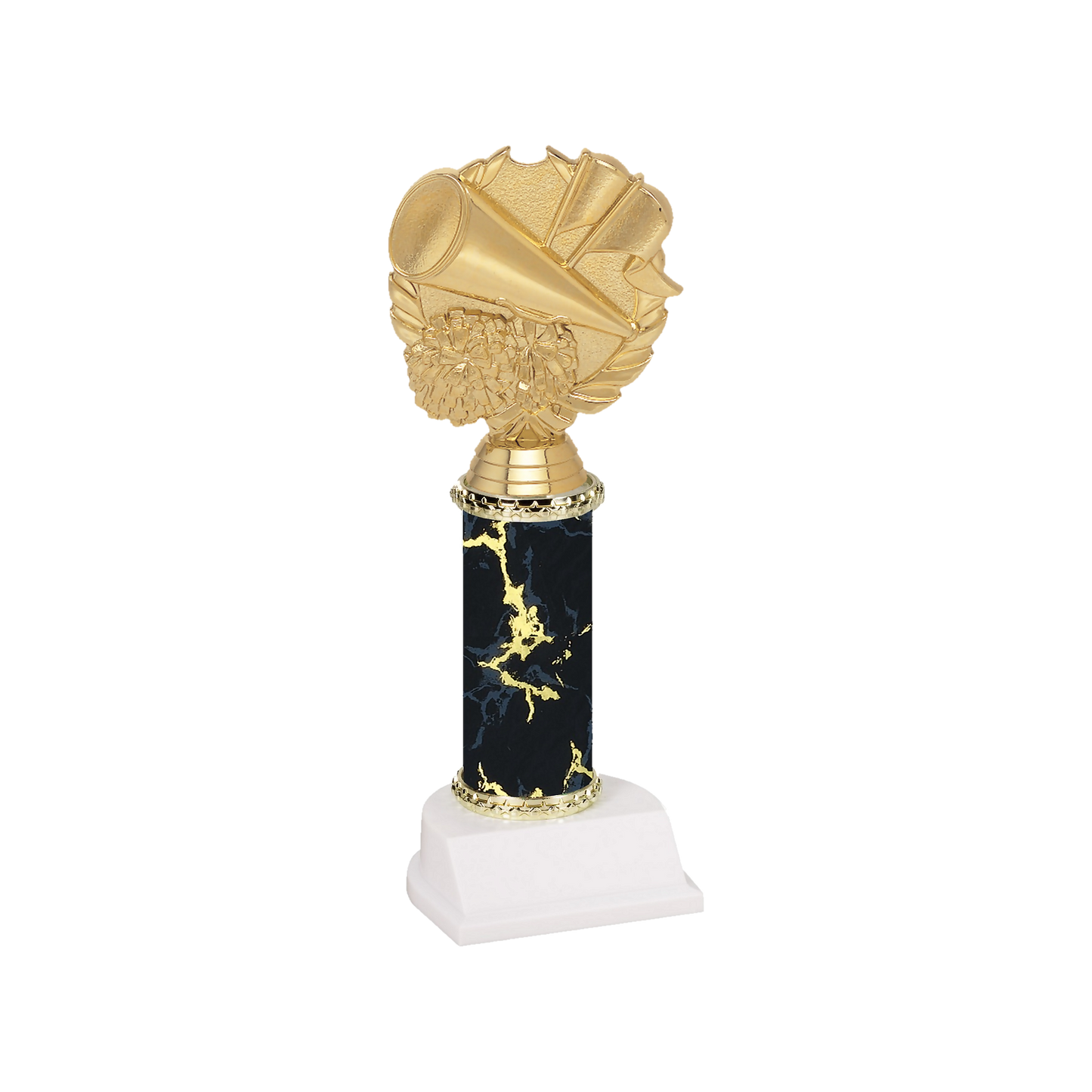 Champion Series Cheerleading Trophy - Megaphone & Wreath, gold megaphone and pom-poms in a laurel wreath on a black marble column with white base