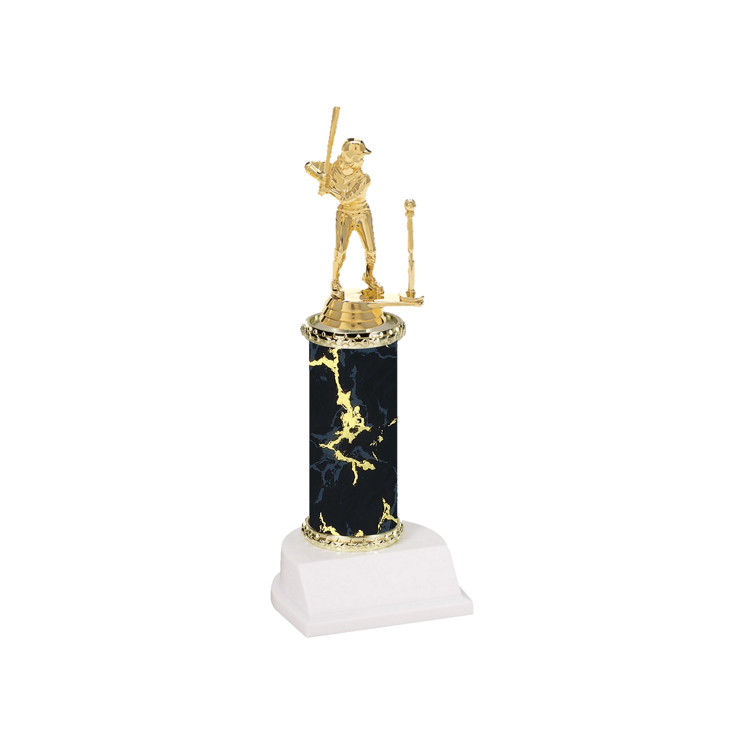 Champion Series T-Ball Trophy, young t-ball player swinging at a ball on the tee on a black marble column with white base