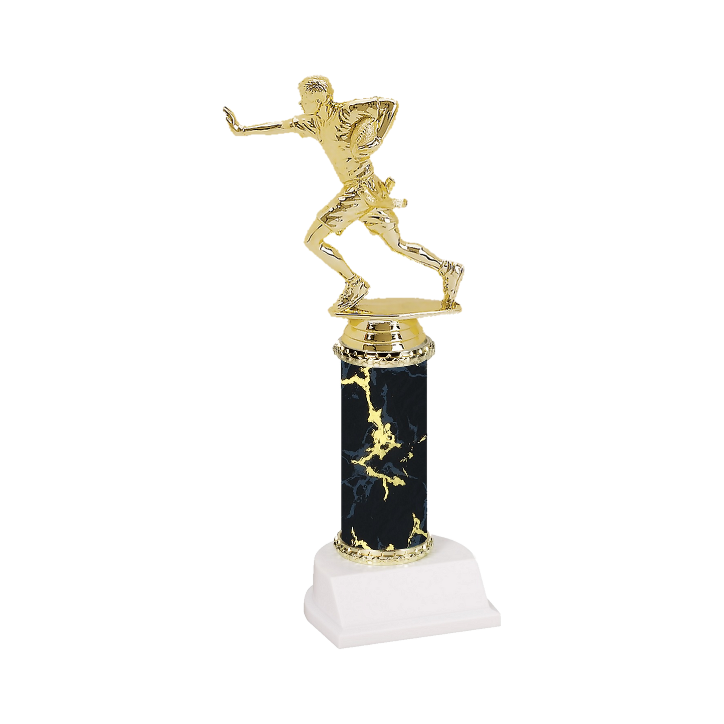 Champion Series Flag Football Trophy, flag football player running with the ball and a flag belt on a black marble column with white base
