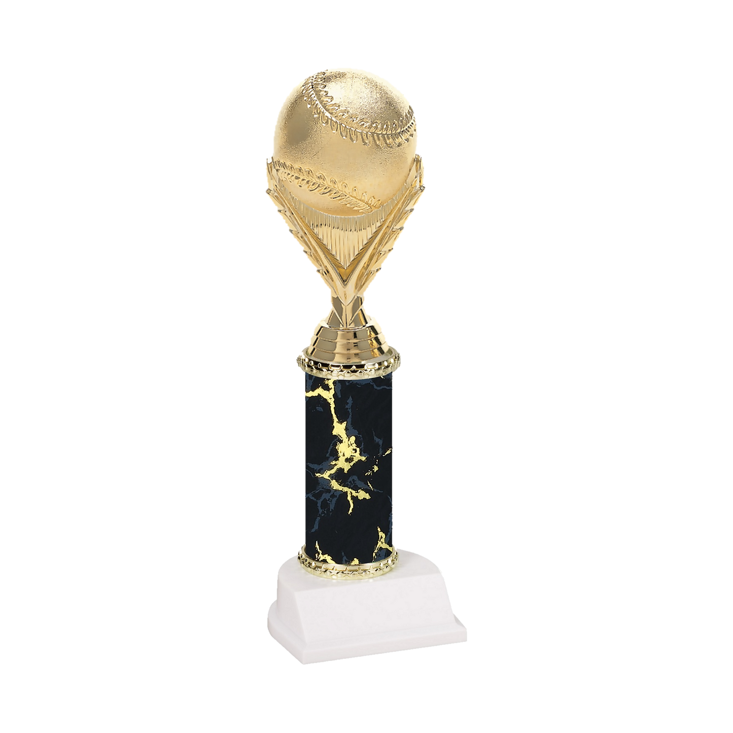 Champion Series Baseball Trophy - Baseball & Wreath, gold baseball resting on a laurel wreath riser on a black marble column with white base