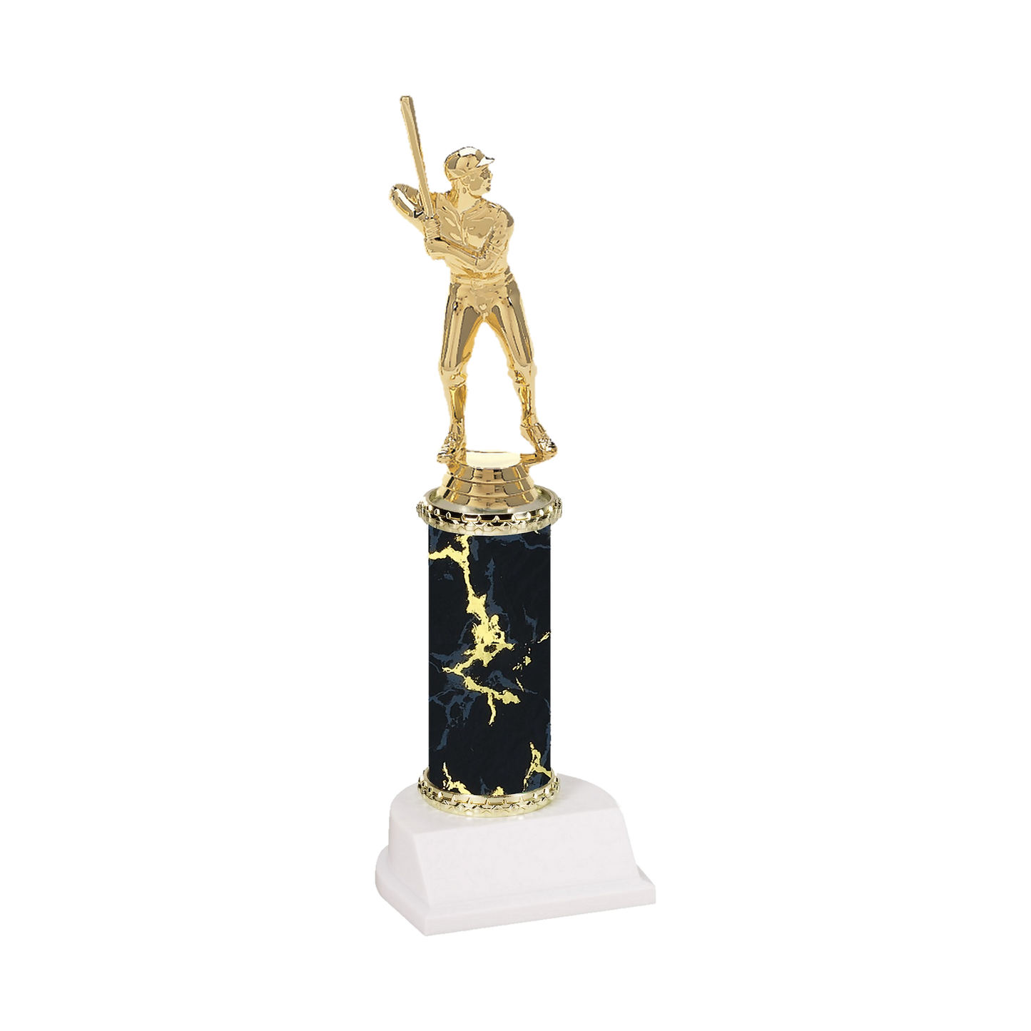 Champion Series Baseball Trophy - Batter, baseball batter in a ball cap waiting on the pitch on a black marble column with white base