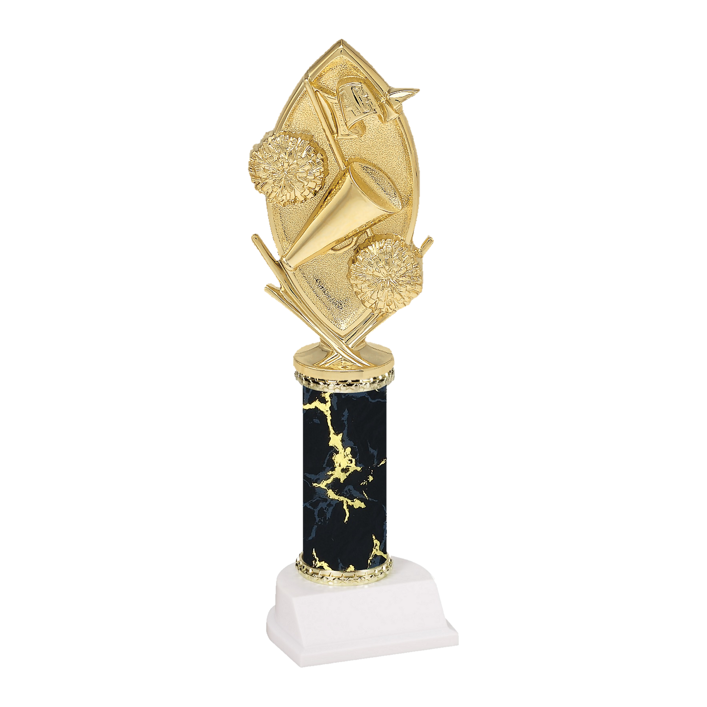 Champion Series Cheerleading Trophy - Megaphone & Pom-Poms, gold megaphone with two pom-poms and crossed batons on a black marble column with white base