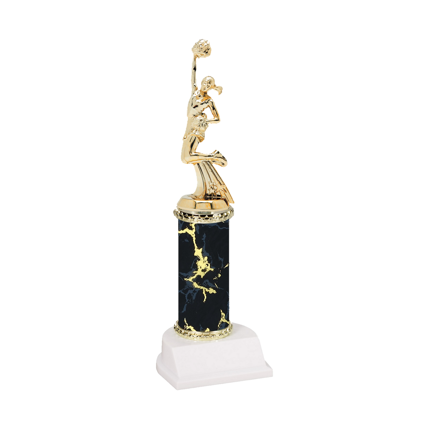 Champion Series Cheerleading Trophy, cheerleader with a pom-pom raised overhead on a black marble column with white base