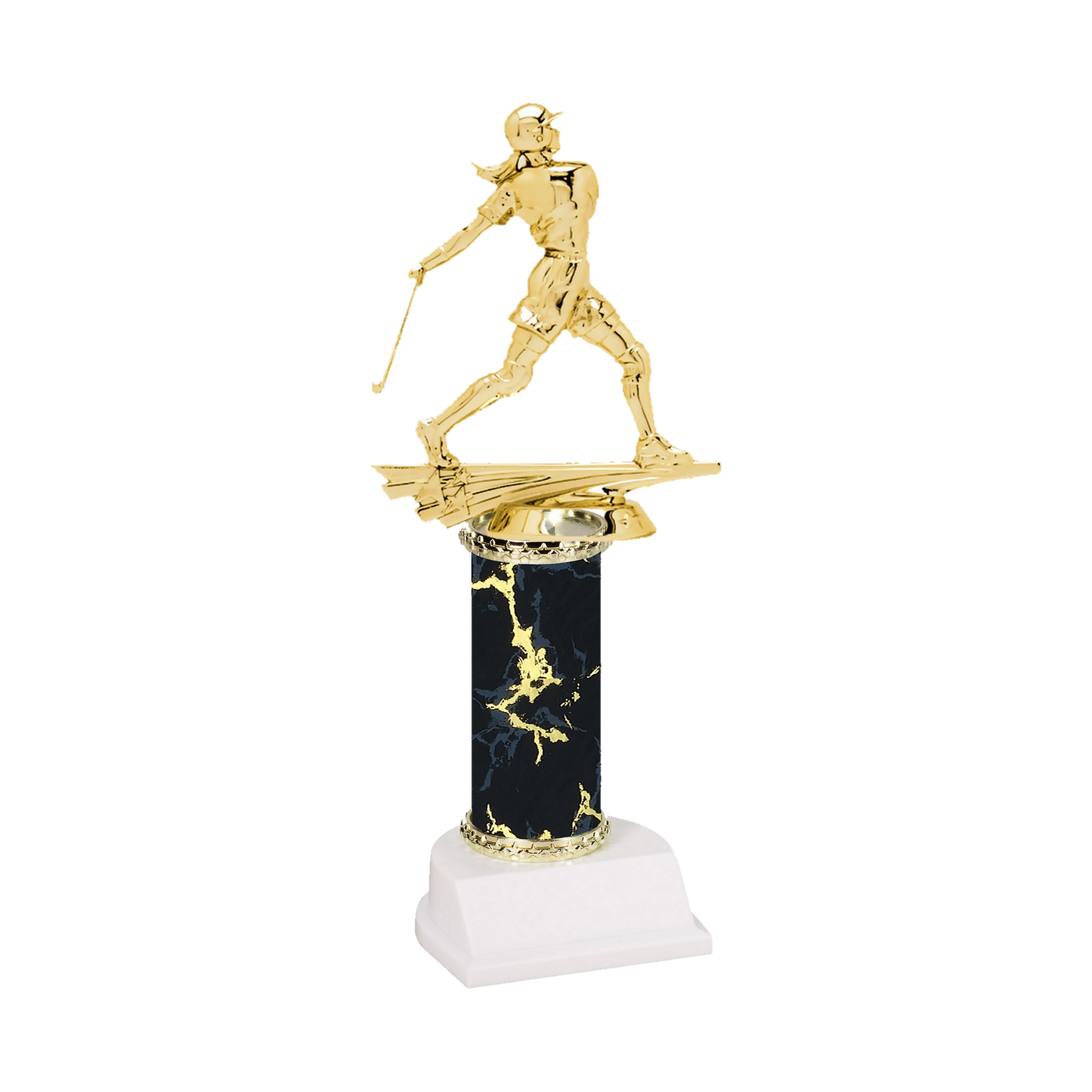 Champion Series Softball Trophy - Batter, softball batter in a helmet finishing her swing on a black marble column with white base