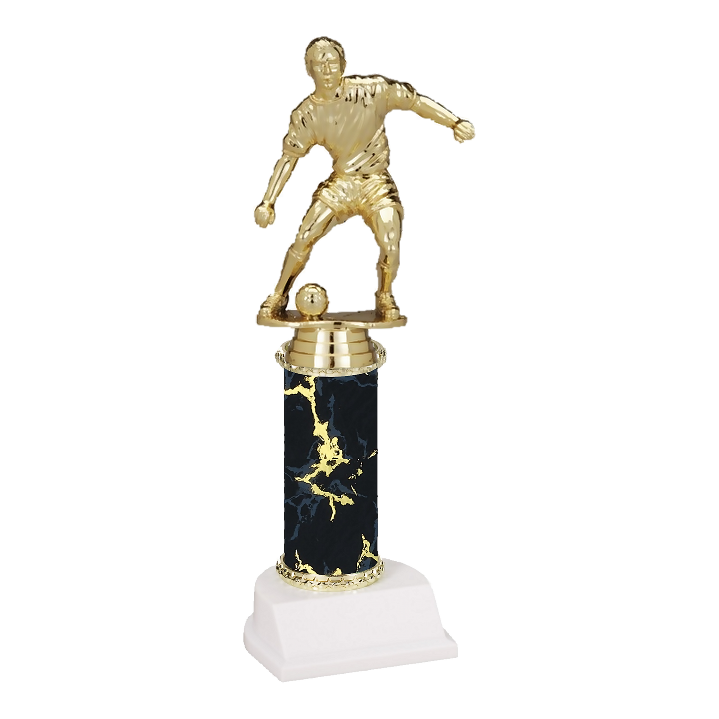 11 inch Champion Series soccer trophy, male figure on black marble column with white base