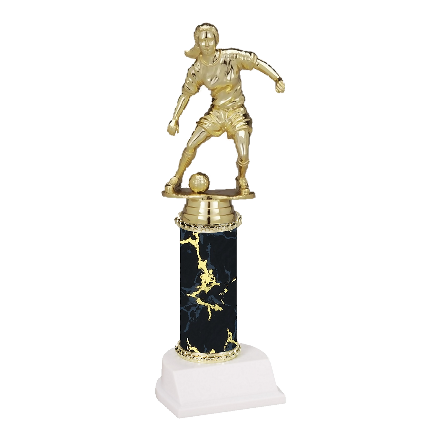 11 inch Champion Series soccer trophy, female figure on black marble column with white base