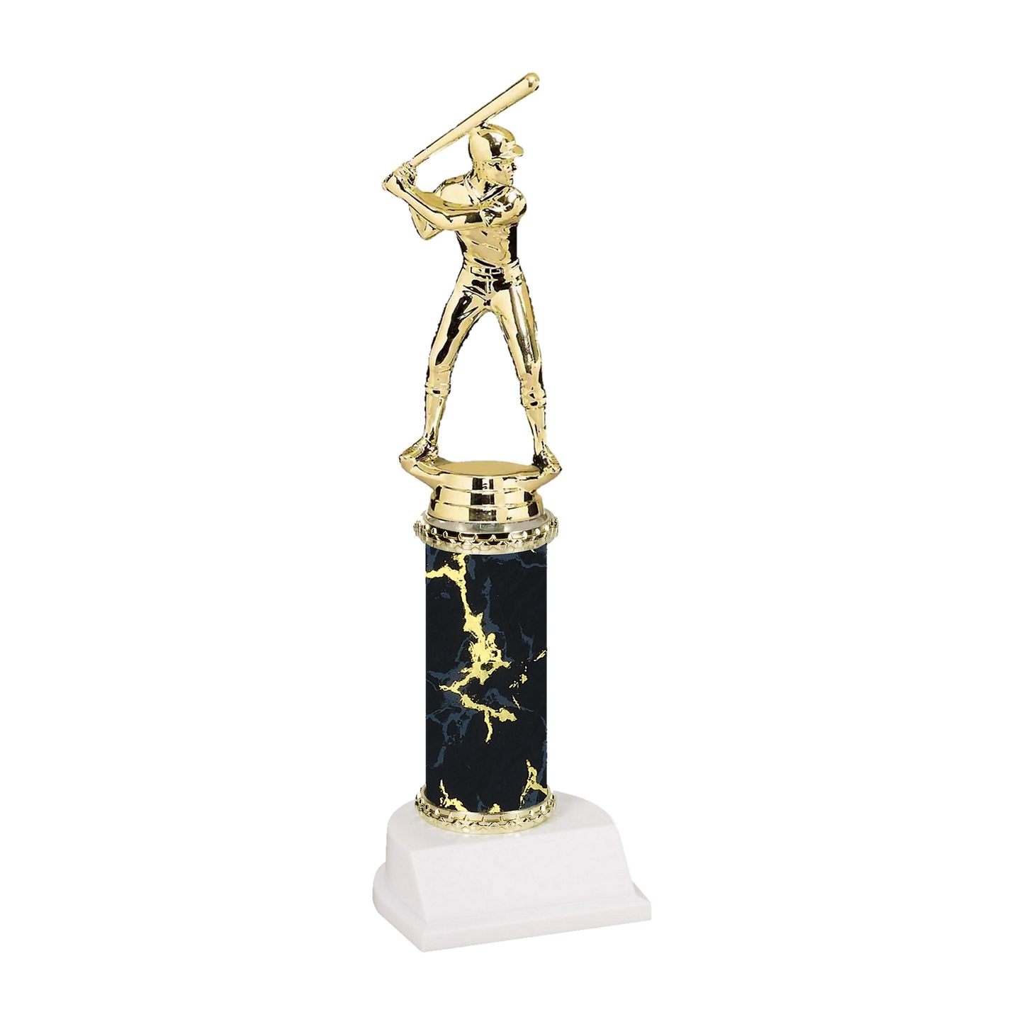 Champion Series Baseball Trophy - Power Hitter, baseball player in a batting helmet with the bat cocked back on a black marble column with white base