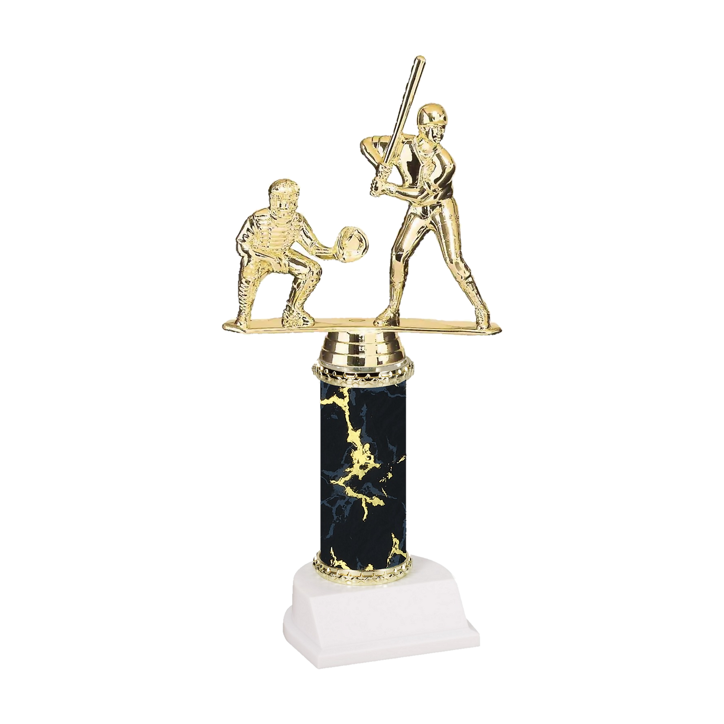 Champion Series Baseball Trophy - Batter & Catcher, baseball batter at the plate with a crouching catcher on a black marble column with white base