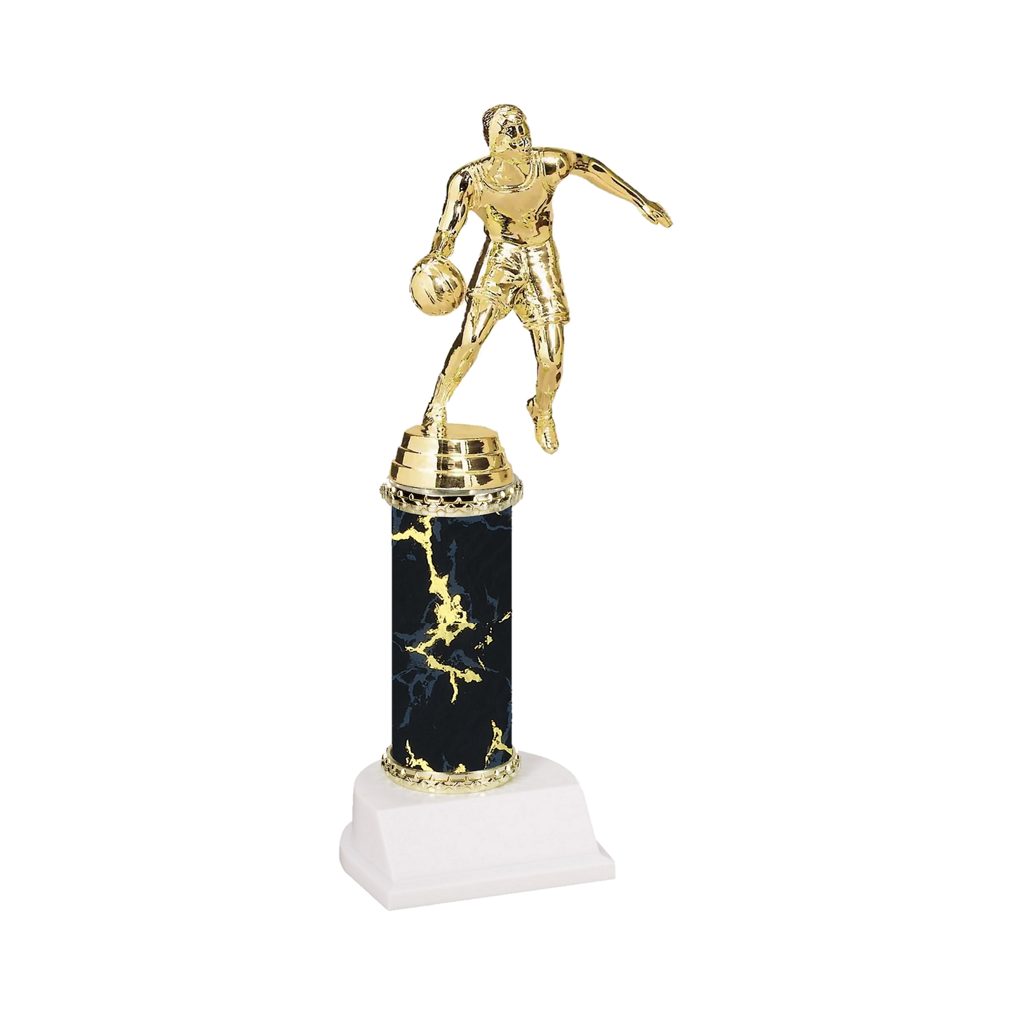 Champion Series Basketball Trophy - Dribbler, basketball player driving to the basket on a black marble column with white base