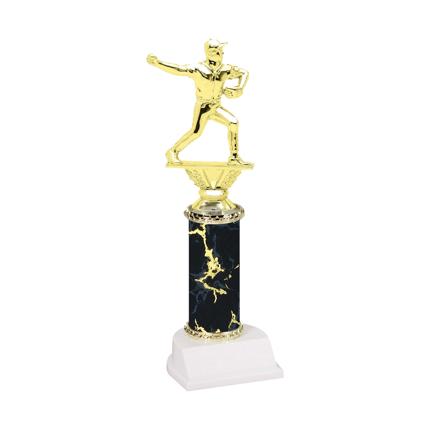 Champion Series Baseball Trophy - Pitcher, baseball pitcher winding up to deliver the pitch on a black marble column with white base
