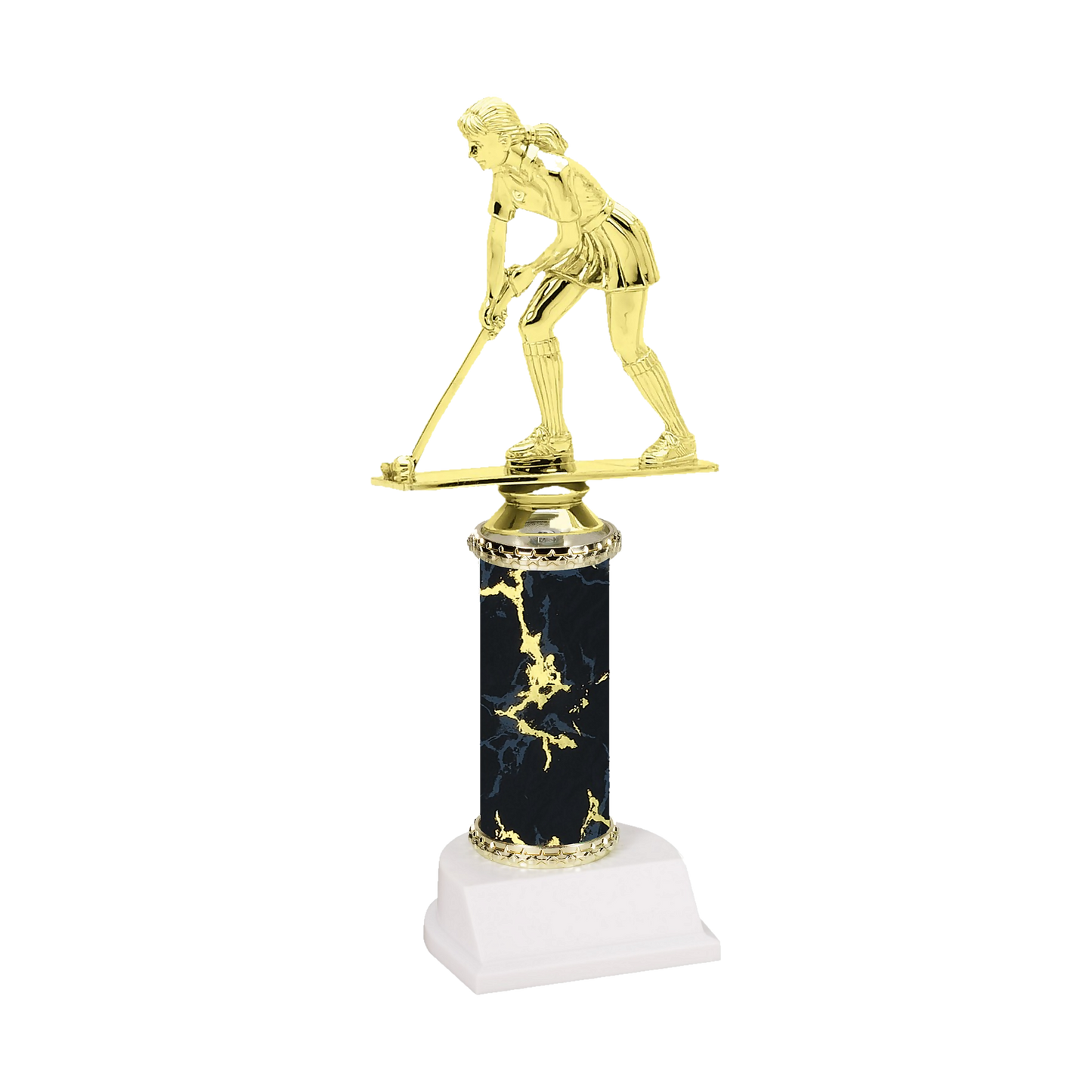 Champion Series Field Hockey Trophy, field hockey player driving the ball with her stick down on a black marble column with white base