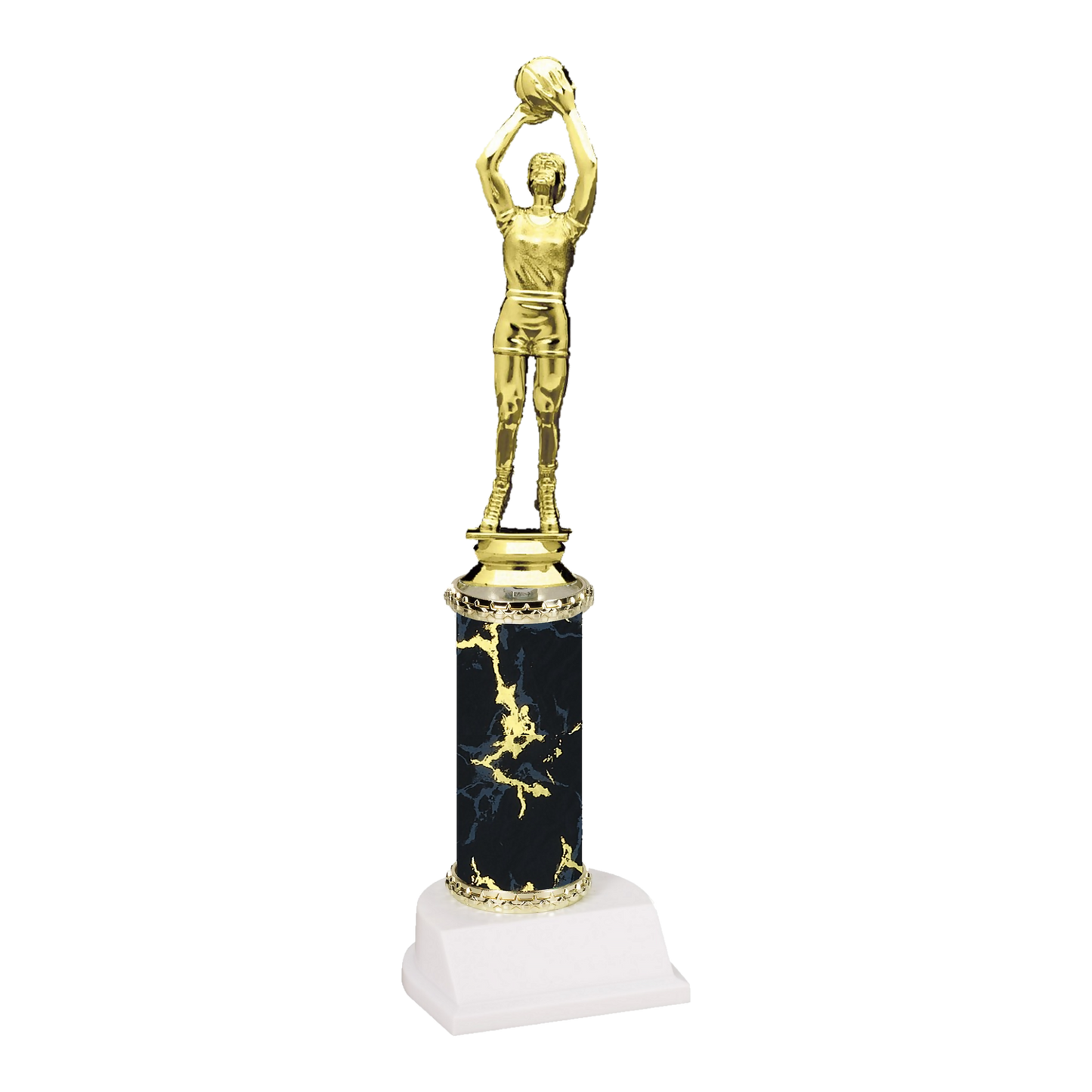 Champion Series Basketball Trophy - Jump Shot, basketball player releasing a jump shot on a black marble column with white base