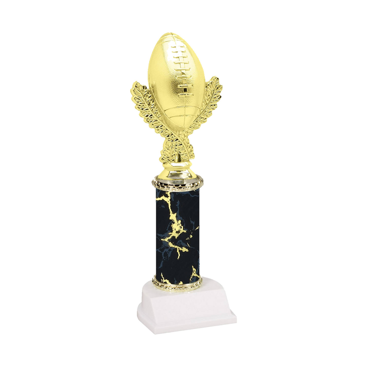 Champion Series Football Trophy - Football & Wreath, gold football standing upright on a laurel wreath riser on a black marble column with white base