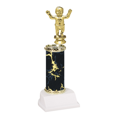 Champion Series Rookie Baby Trophy, gold walking baby figure on a black marble column with white base