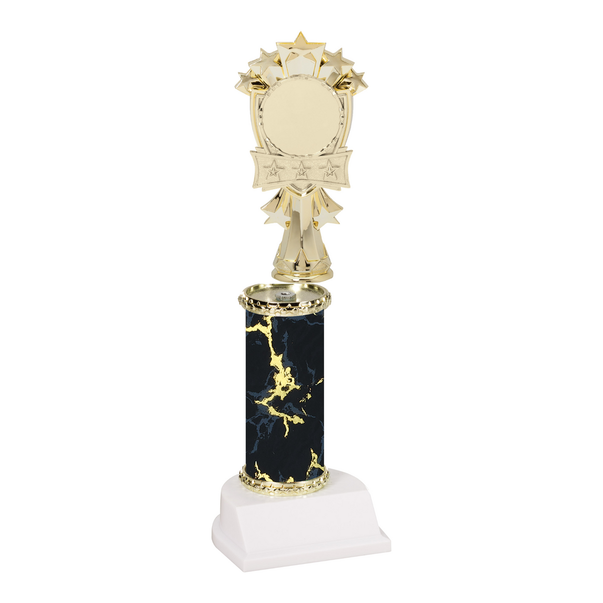 Champion Series Custom Insert Trophy - All-Star, gold star figure with 2 inch logo insert on a black marble column with white base