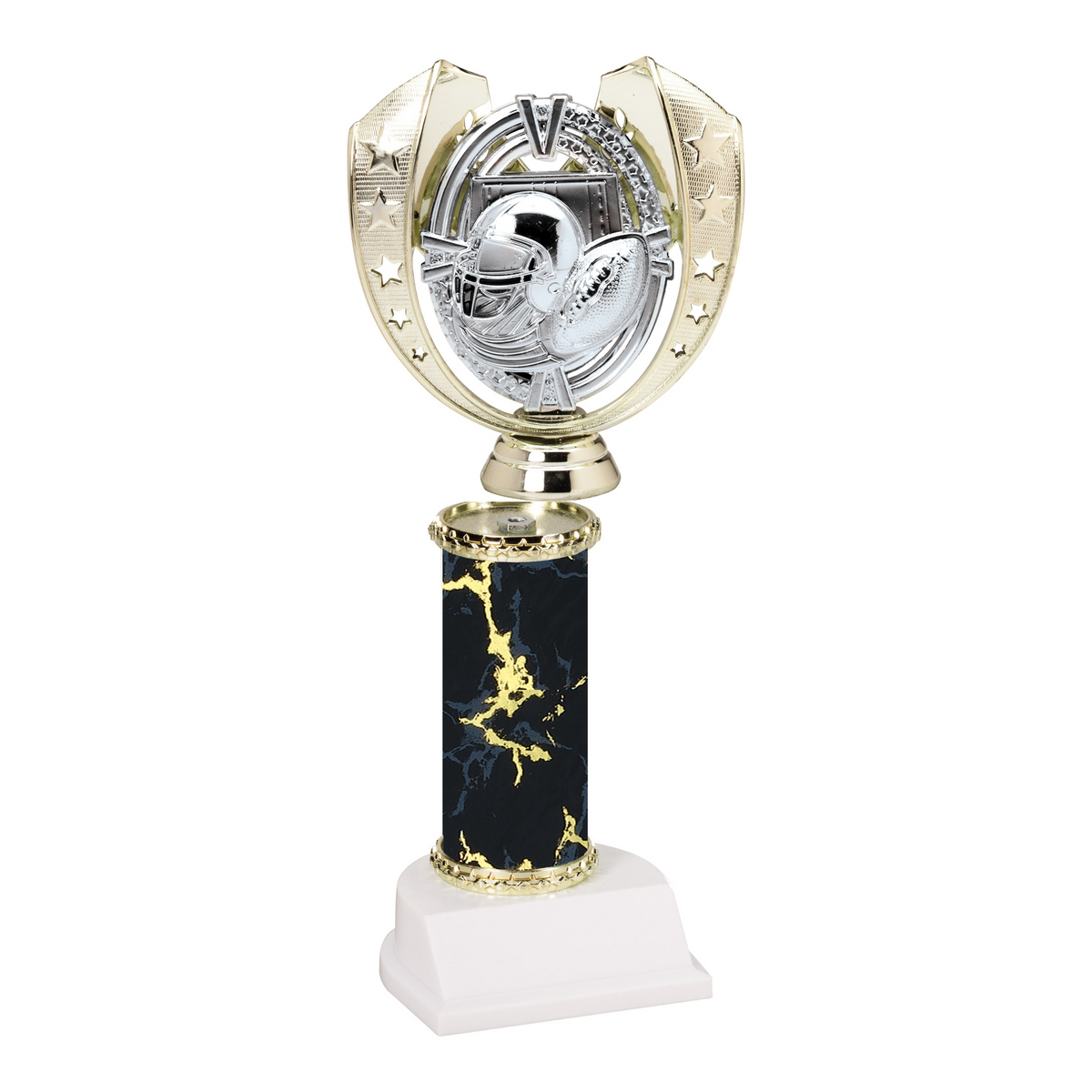 Champion Series Football Trophy - Star Wreath, gold star wreath with silver helmet and footballs on a black marble column with white base