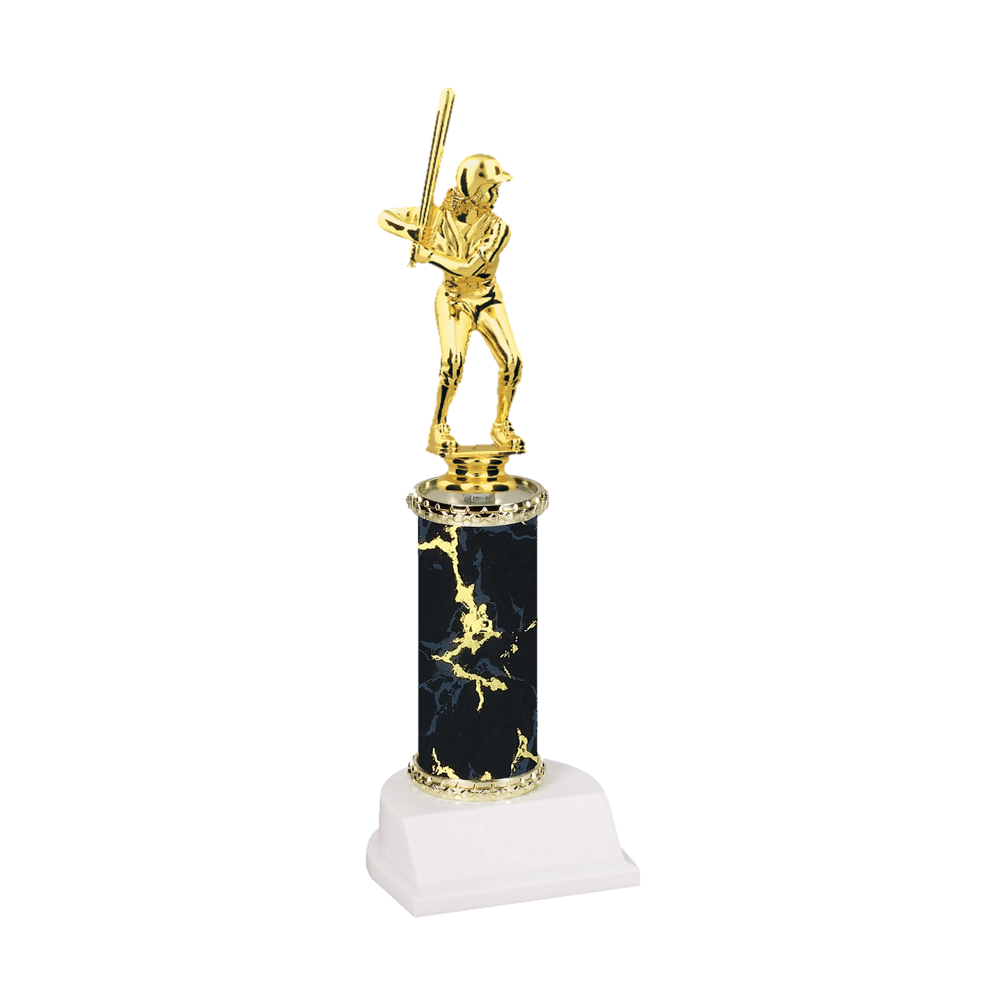 Champion Series Softball Trophy - Slugger, softball batter in a helmet with the bat up on her shoulder on a black marble column with white base