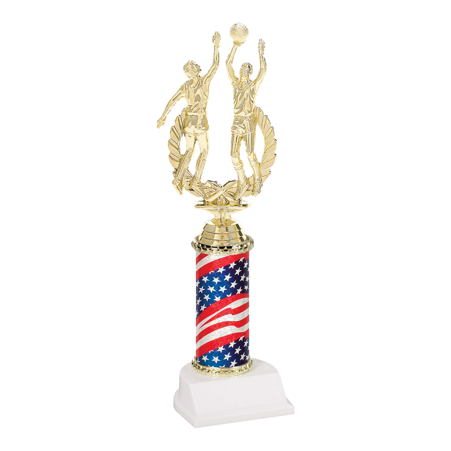 Champion Series Basketball Trophy - Rebound, male basketball players going up for the rebound on a stars and stripes flag column with white base