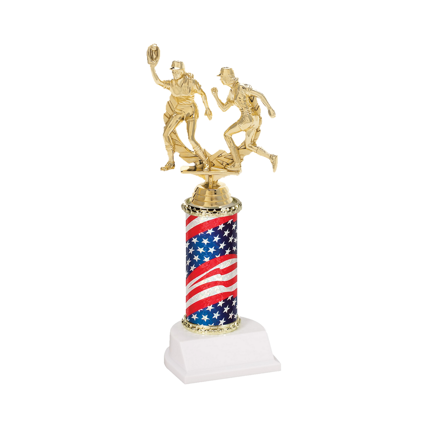 Champion Series Softball Trophy - Double Play, softball fielder making the catch beside a base runner in a laurel wreath on a stars and stripes flag column with white base