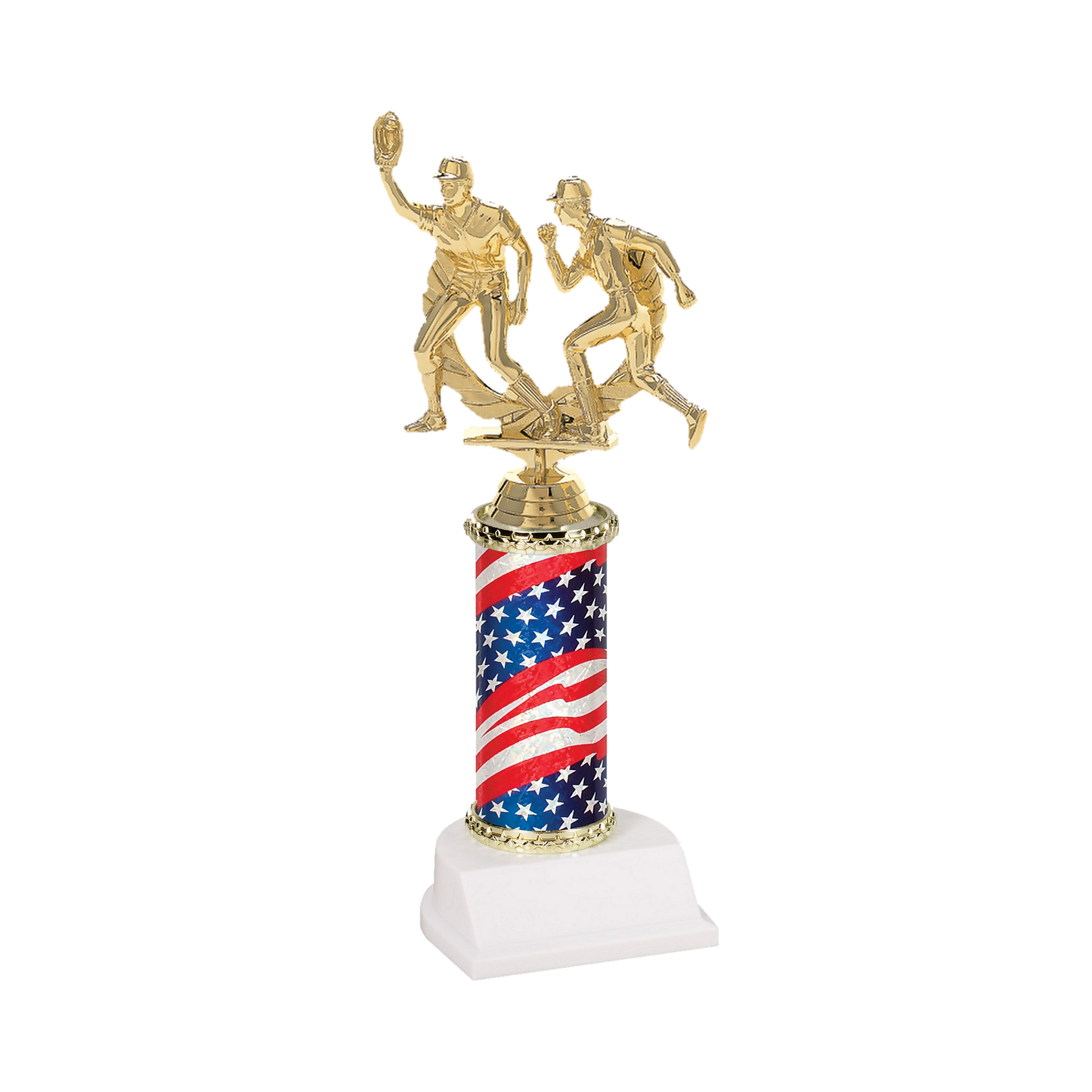Champion Series Baseball Trophy - Double Play, baseball fielder making the catch beside a base runner in a laurel wreath on a stars and stripes flag column with white base