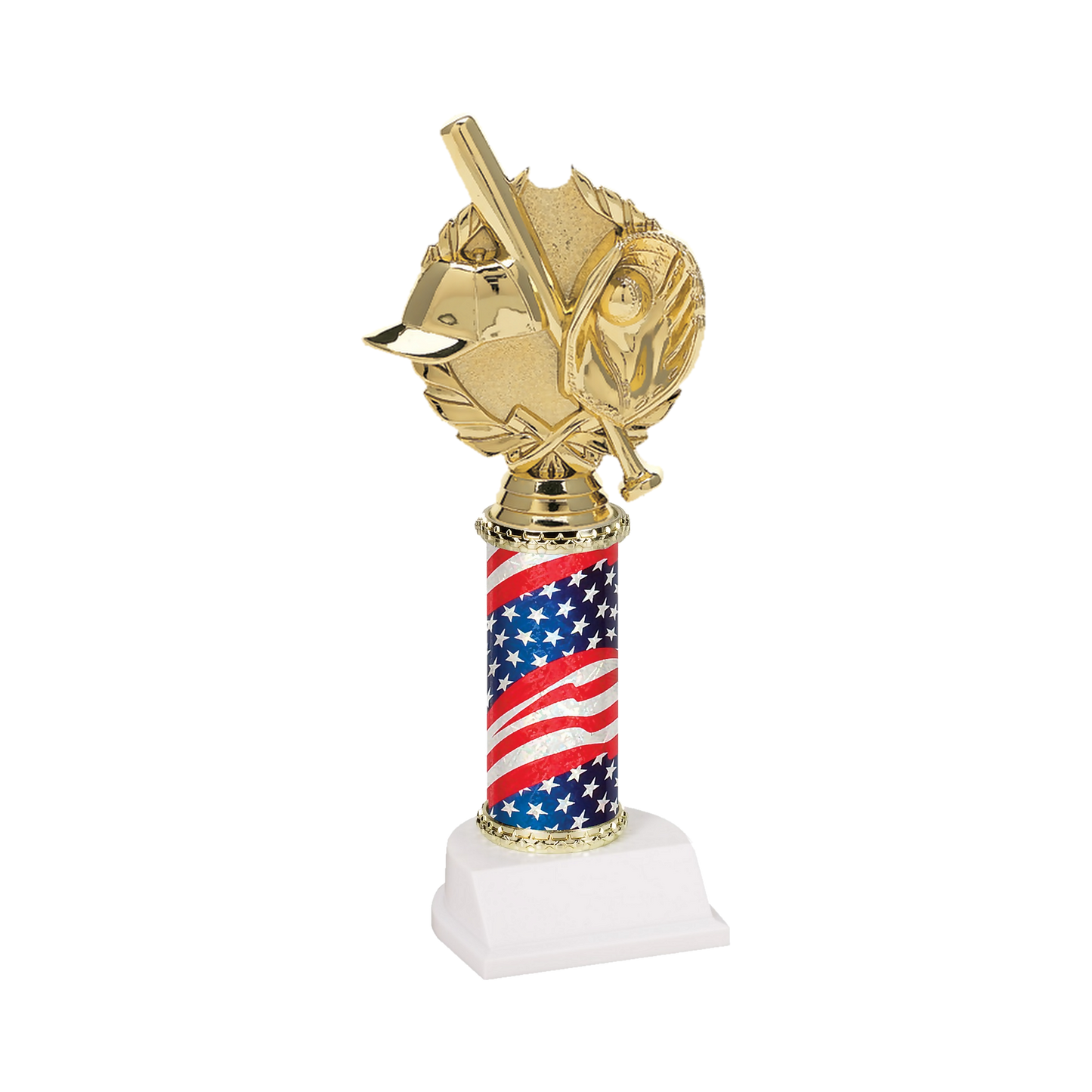 Champion Series Baseball Trophy - Crossed Bats, gold baseball cap, crossed bats, ball and glove in a laurel wreath on a stars and stripes flag column with white base