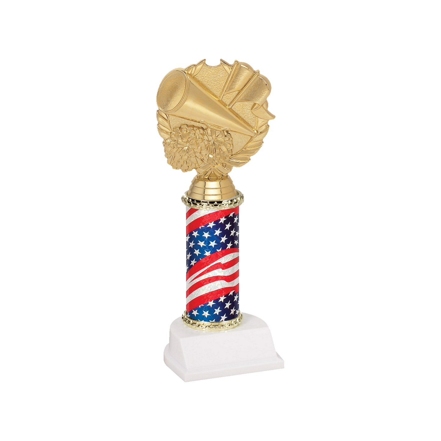 Champion Series Cheerleading Trophy - Megaphone & Wreath, gold megaphone and pom-poms in a laurel wreath on a stars and stripes flag column with white base