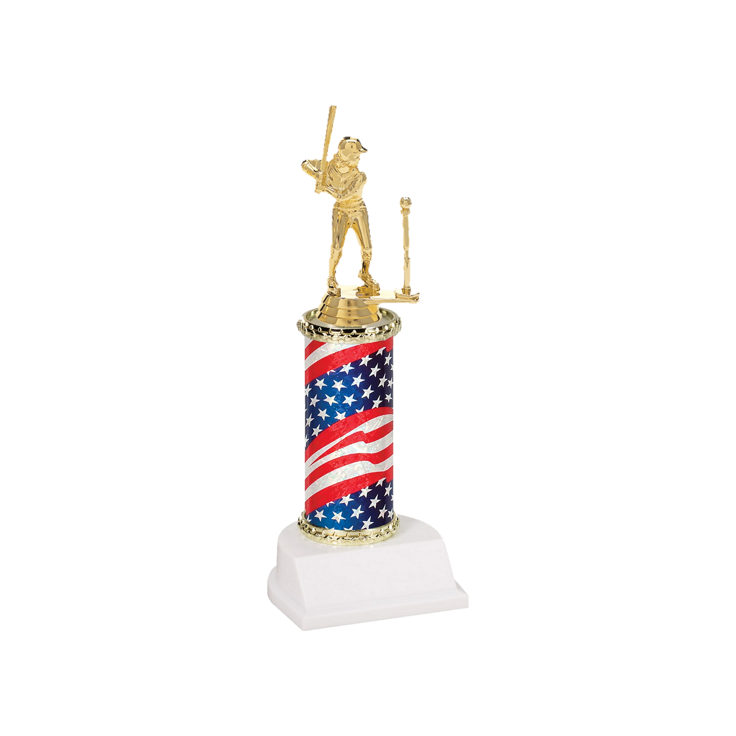 Champion Series T-Ball Trophy, young t-ball player swinging at a ball on the tee on a stars and stripes flag column with white base