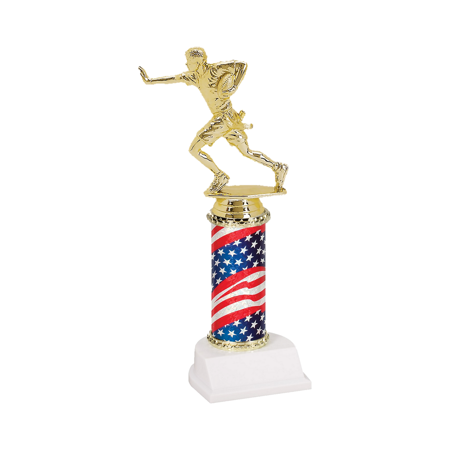 Champion Series Flag Football Trophy, flag football player running with the ball and a flag belt on a stars and stripes flag column with white base